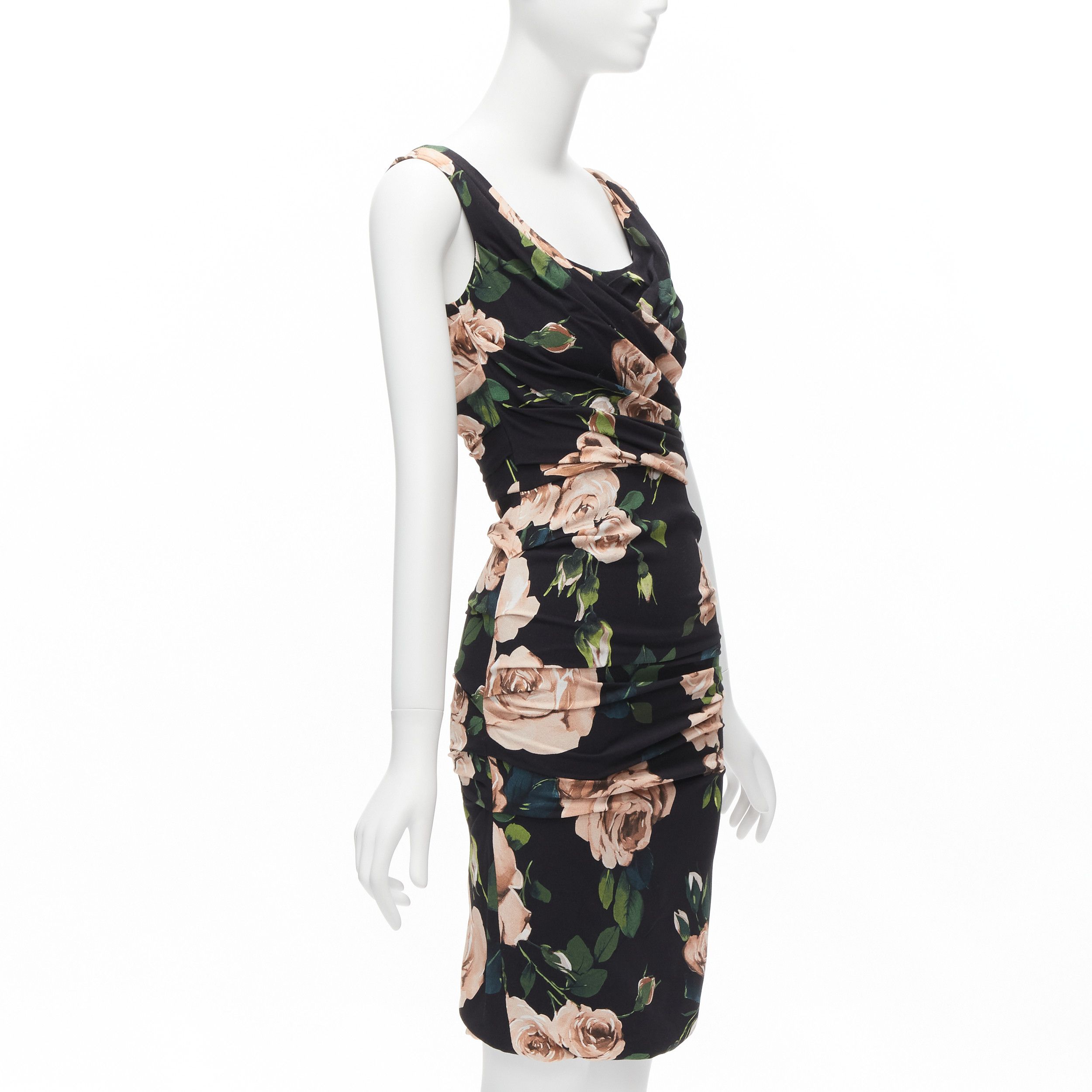 Dolce & Gabbana DOLCE GABBANA black pink rose print silk lined draped mid cocktail dress IT38 XS Size XS / US 0-2 / IT 36-38 - 3 Thumbnail