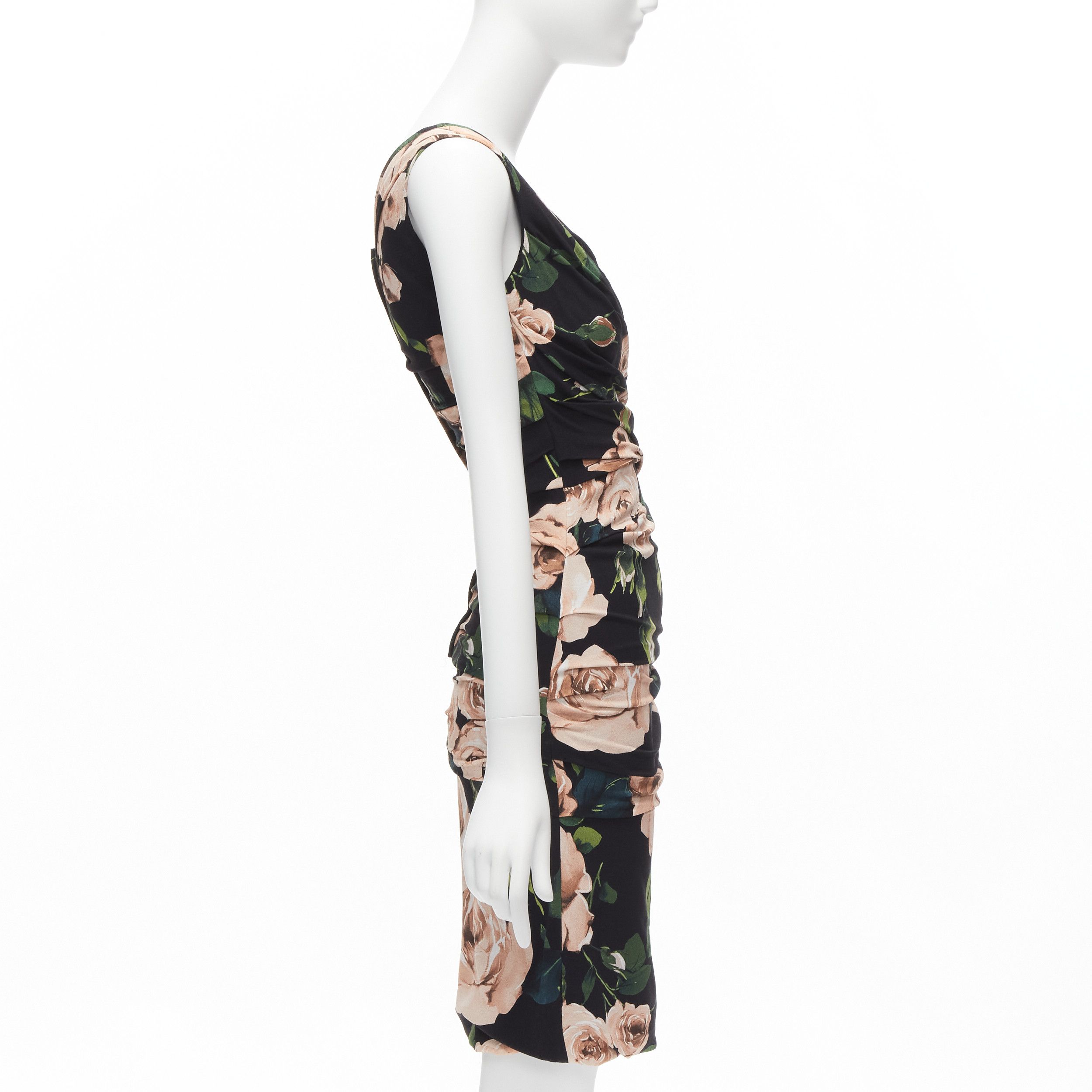 Dolce & Gabbana DOLCE GABBANA black pink rose print silk lined draped mid cocktail dress IT38 XS Size XS / US 0-2 / IT 36-38 - 4 Thumbnail