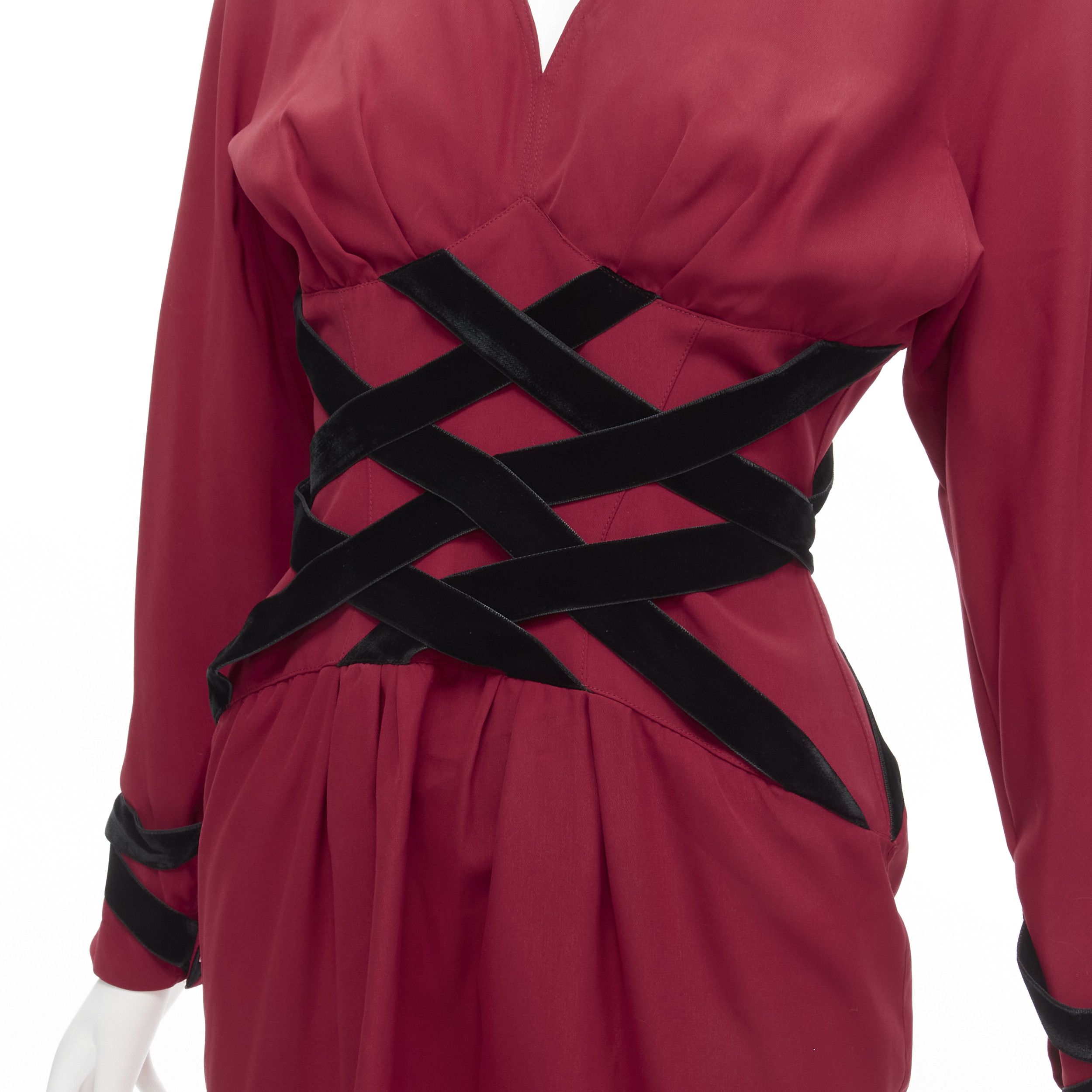 Thierry Mugler THIERRY MUGLER Vintage black velvet crisscross corset red dolman cocktail dress IT7AR S Size S / US 4 / IT 40 - 7 Thumbnail