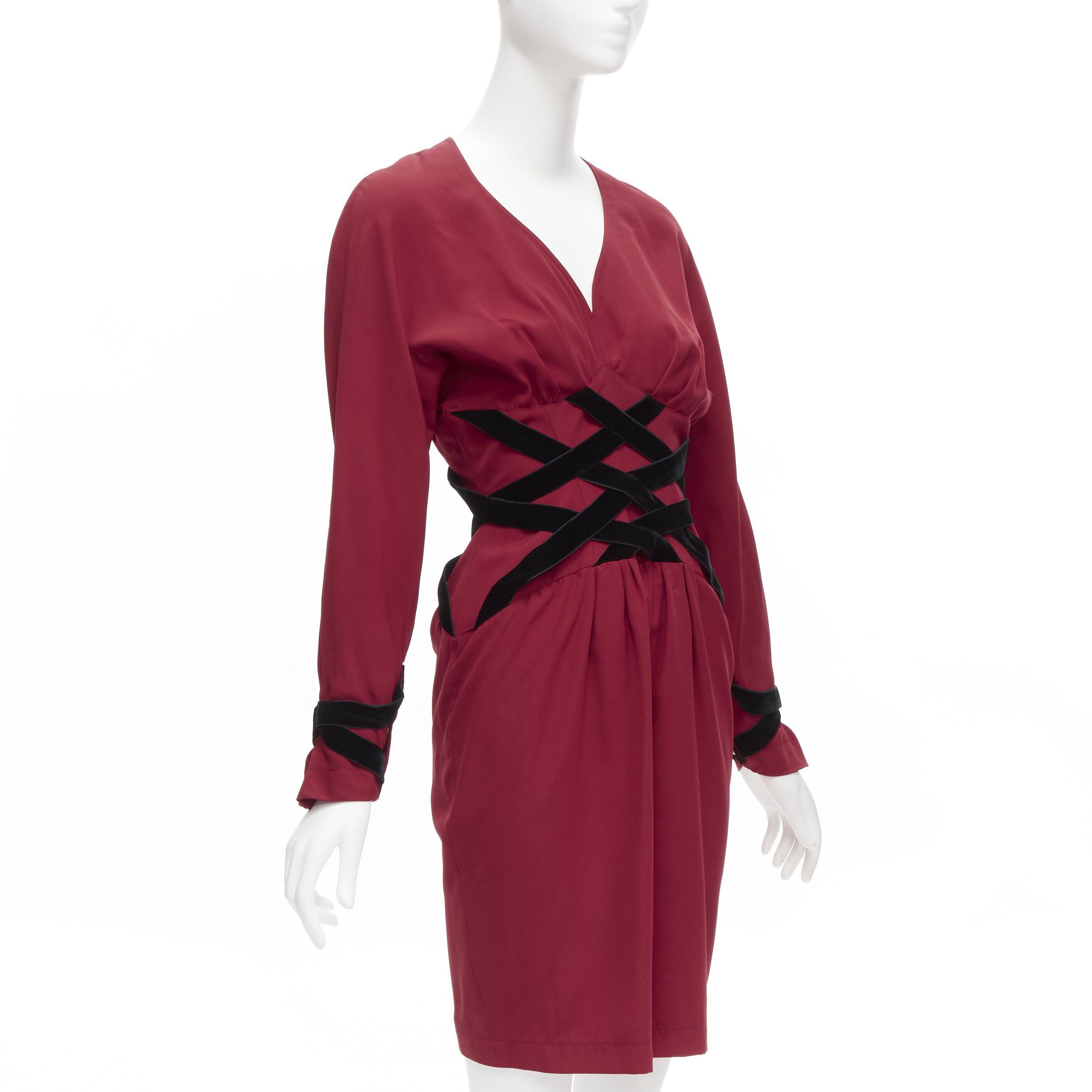 Thierry Mugler THIERRY MUGLER Vintage black velvet crisscross corset red dolman cocktail dress IT7AR S Size S / US 4 / IT 40 - 3 Thumbnail
