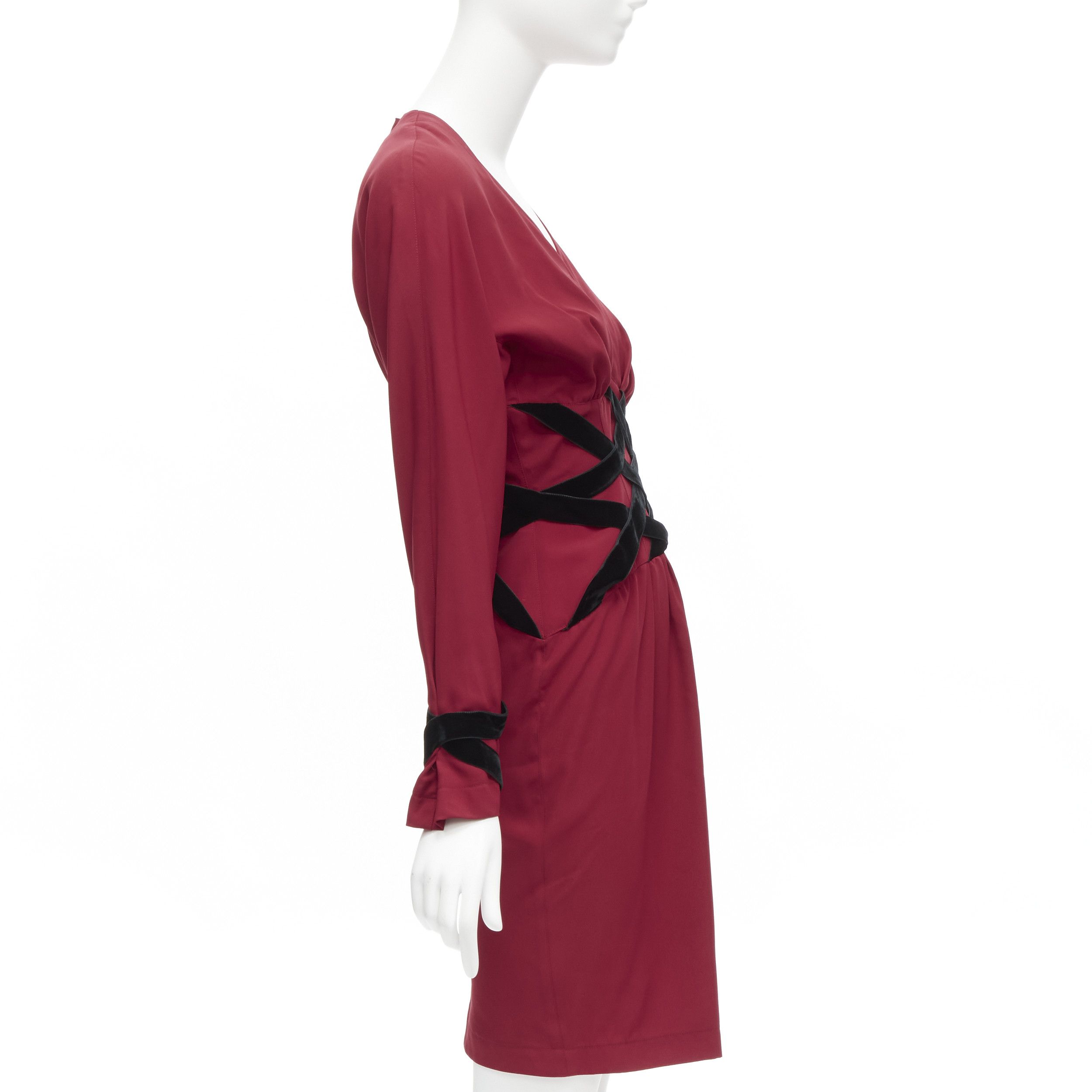 Thierry Mugler THIERRY MUGLER Vintage black velvet crisscross corset red dolman cocktail dress IT7AR S Size S / US 4 / IT 40 - 4 Thumbnail