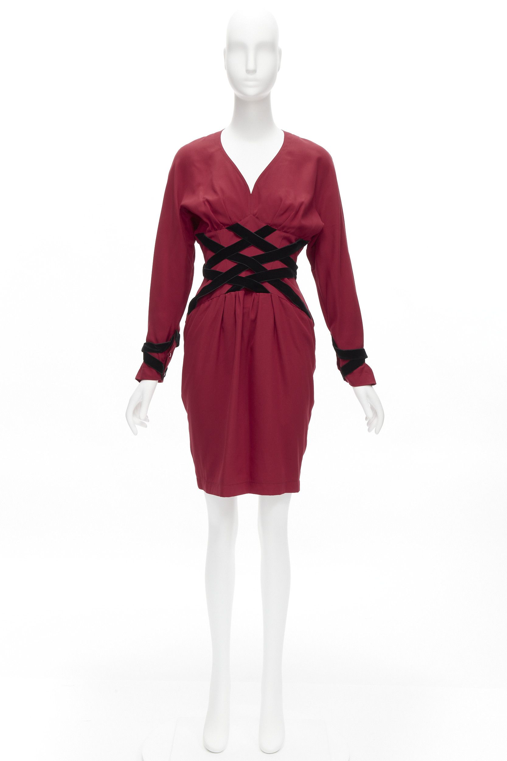 Thierry Mugler THIERRY MUGLER Vintage black velvet crisscross corset red dolman cocktail dress IT7AR S Size S / US 4 / IT 40 - 10 Thumbnail