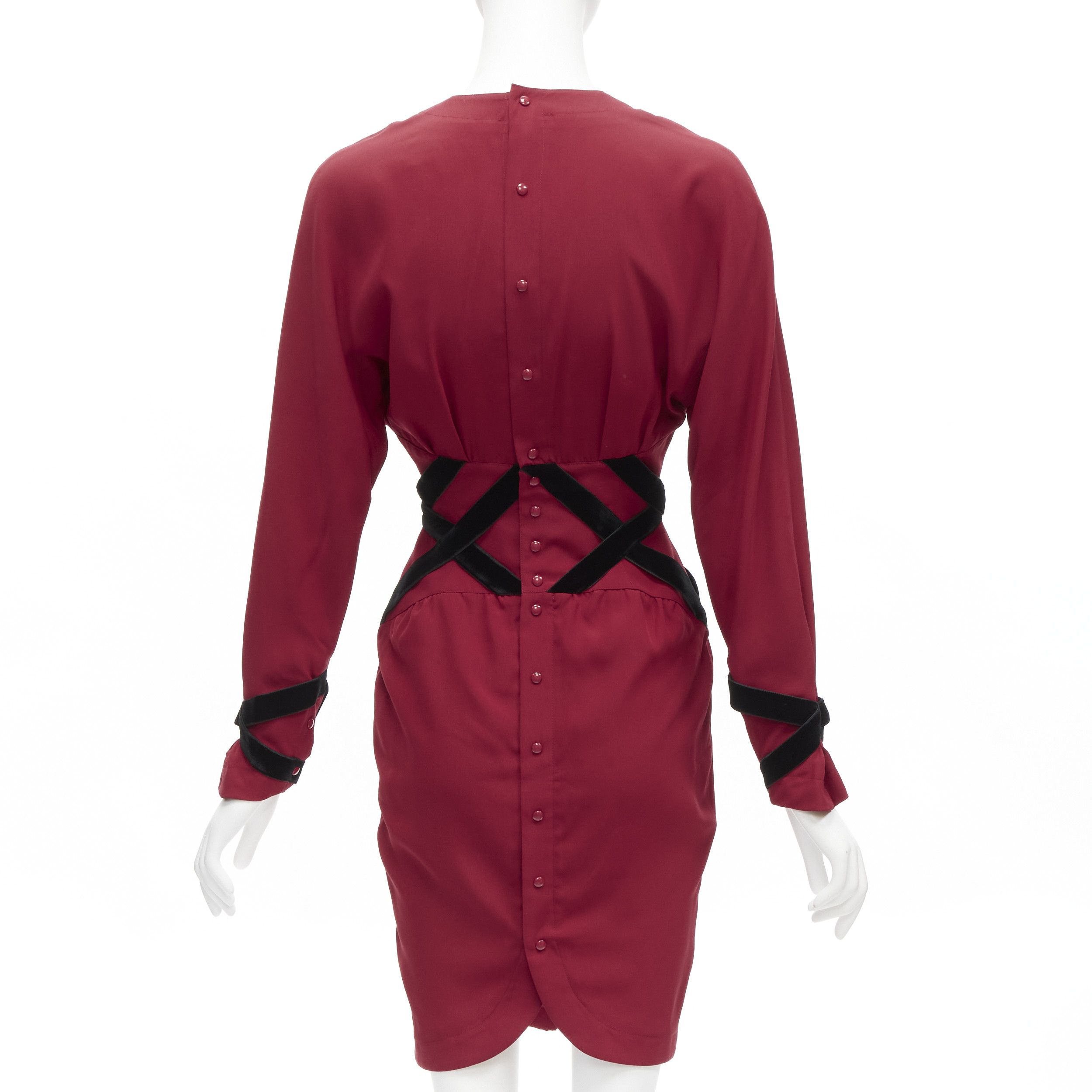 Thierry Mugler THIERRY MUGLER Vintage black velvet crisscross corset red dolman cocktail dress IT7AR S Size S / US 4 / IT 40 - 5 Thumbnail