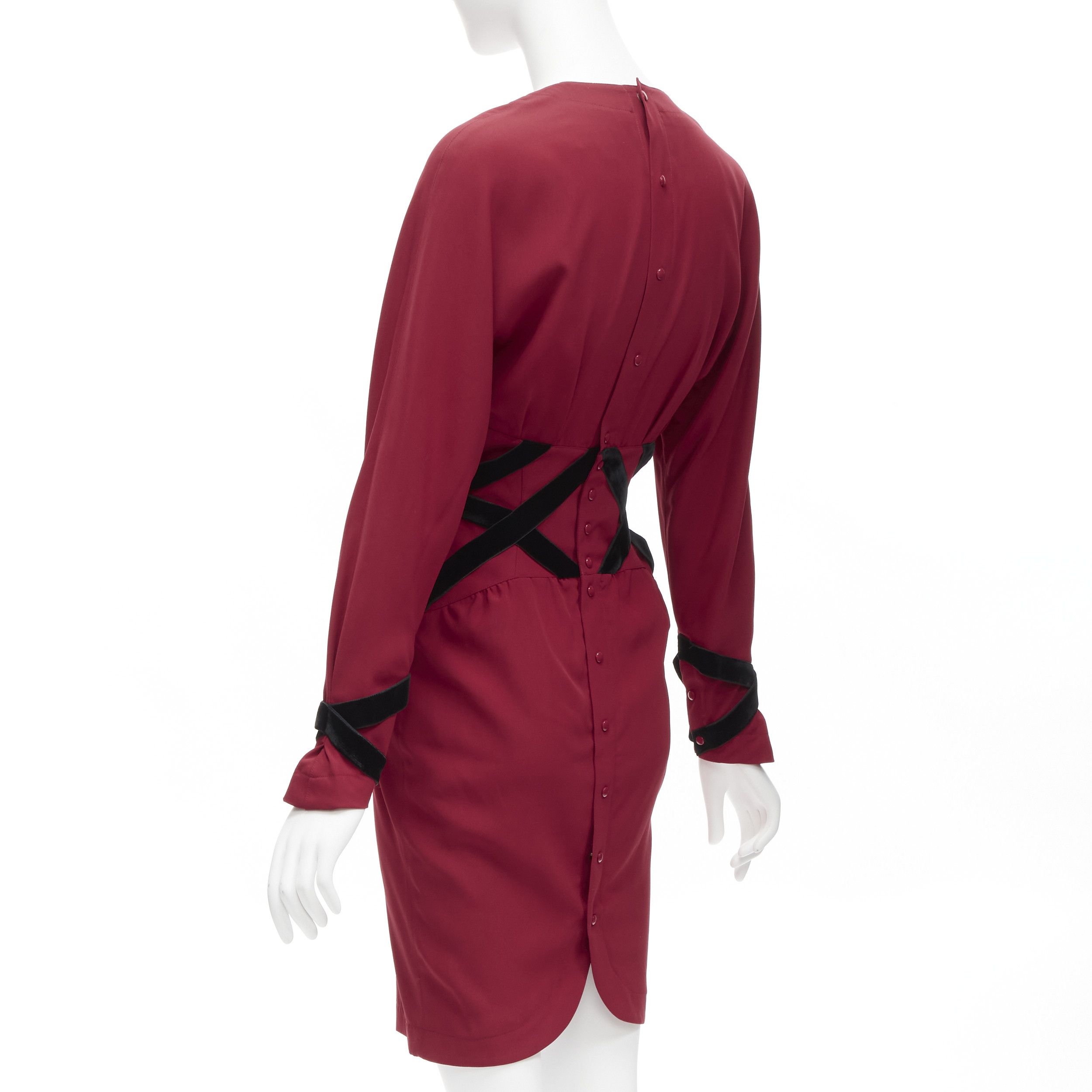 Thierry Mugler THIERRY MUGLER Vintage black velvet crisscross corset red dolman cocktail dress IT7AR S Size S / US 4 / IT 40 - 6 Thumbnail