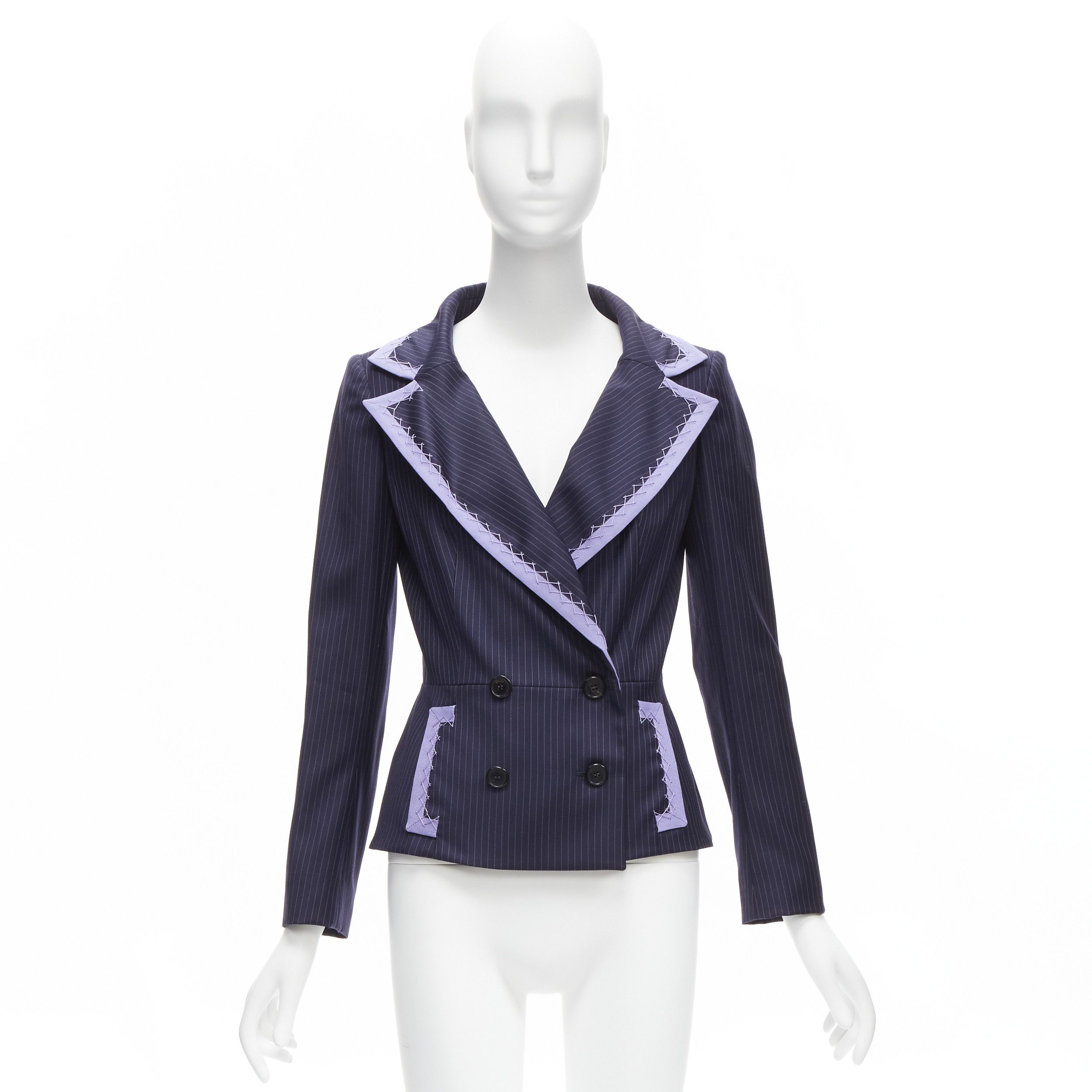 Dior CHRISTIAN DIOR John Galliano Vintage navy pinstripe purple topstitch bar jacket blazer FR38 M Size M / US 6-8 / IT 42-44 - 11 Thumbnail