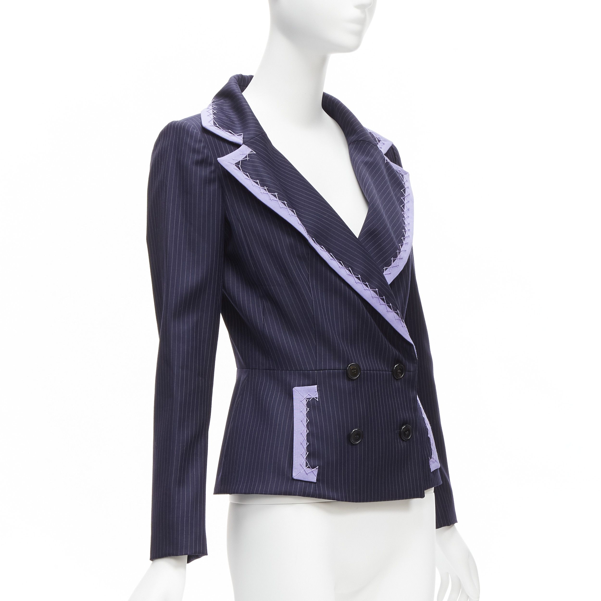 Dior CHRISTIAN DIOR John Galliano Vintage navy pinstripe purple topstitch bar jacket blazer FR38 M Size M / US 6-8 / IT 42-44 - 3 Thumbnail