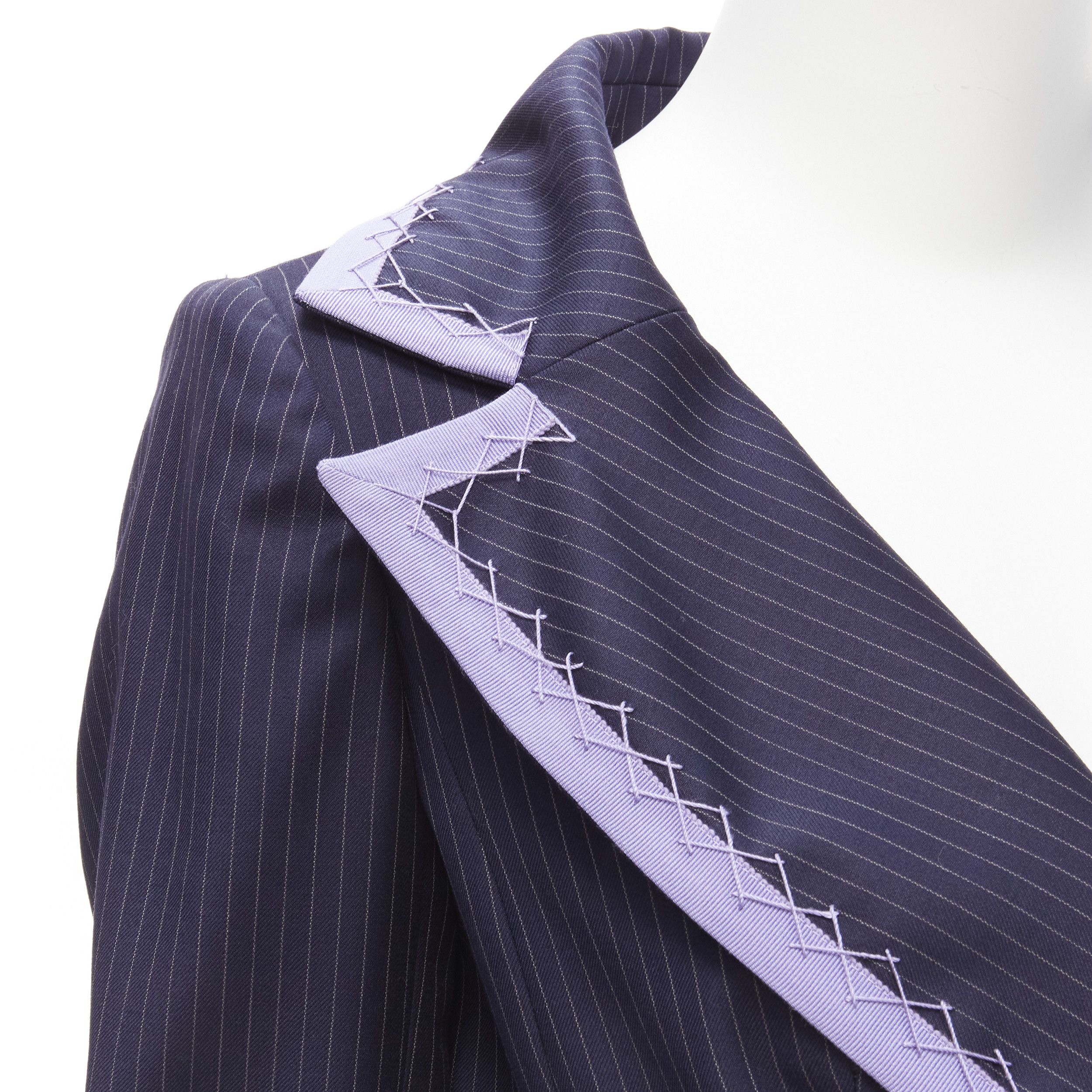 Dior CHRISTIAN DIOR John Galliano Vintage navy pinstripe purple topstitch bar jacket blazer FR38 M Size M / US 6-8 / IT 42-44 - 7 Thumbnail