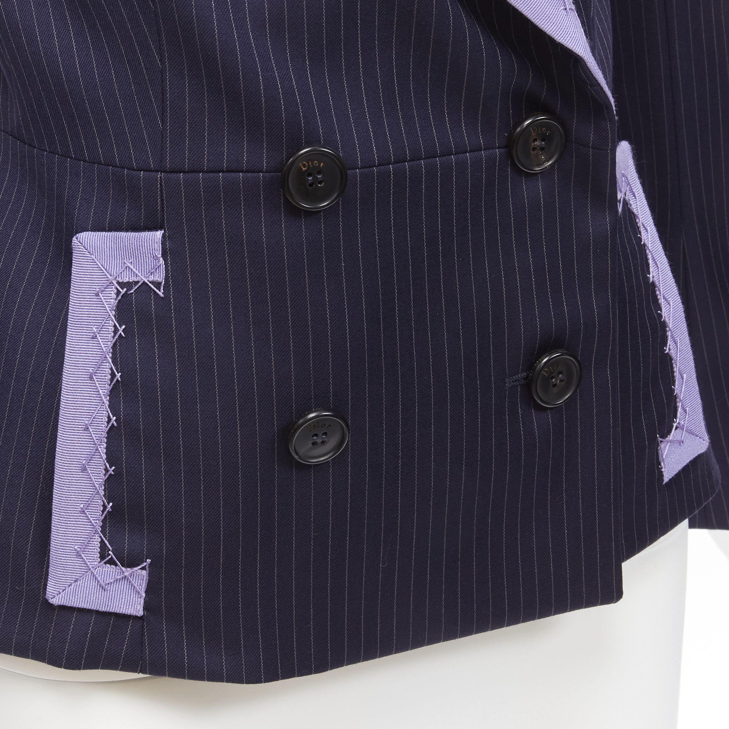 Dior CHRISTIAN DIOR John Galliano Vintage navy pinstripe purple topstitch bar jacket blazer FR38 M Size M / US 6-8 / IT 42-44 - 8 Thumbnail