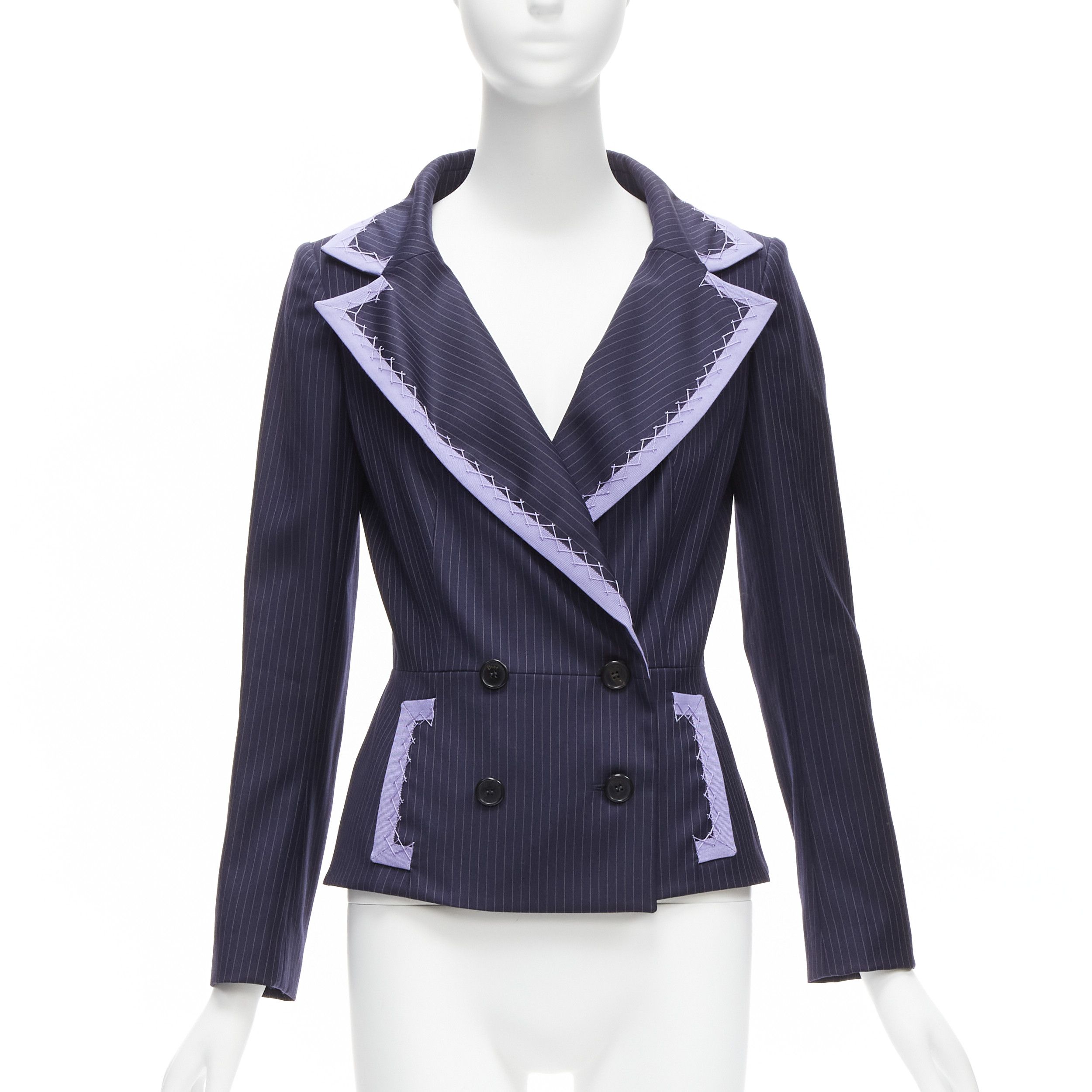 Dior CHRISTIAN DIOR John Galliano Vintage navy pinstripe purple topstitch bar jacket blazer FR38 M Size M / US 6-8 / IT 42-44 - 2 Thumbnail