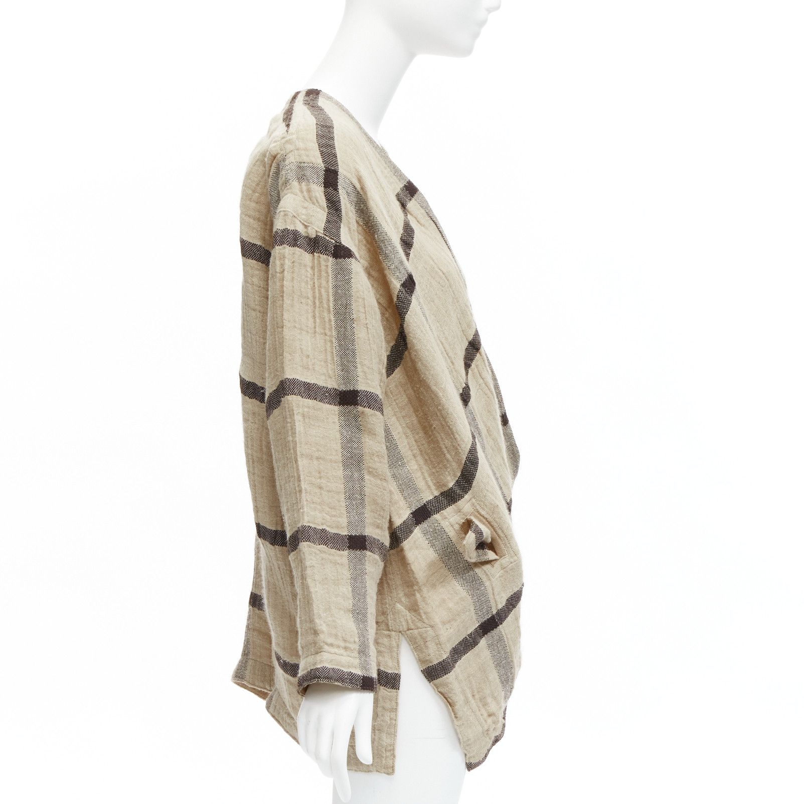 Issey Miyake ISSEY MIYAKE 1980s Vintage beige black check wrap front oversized crinkle coat JP9 Size ONE SIZE - 4 Thumbnail
