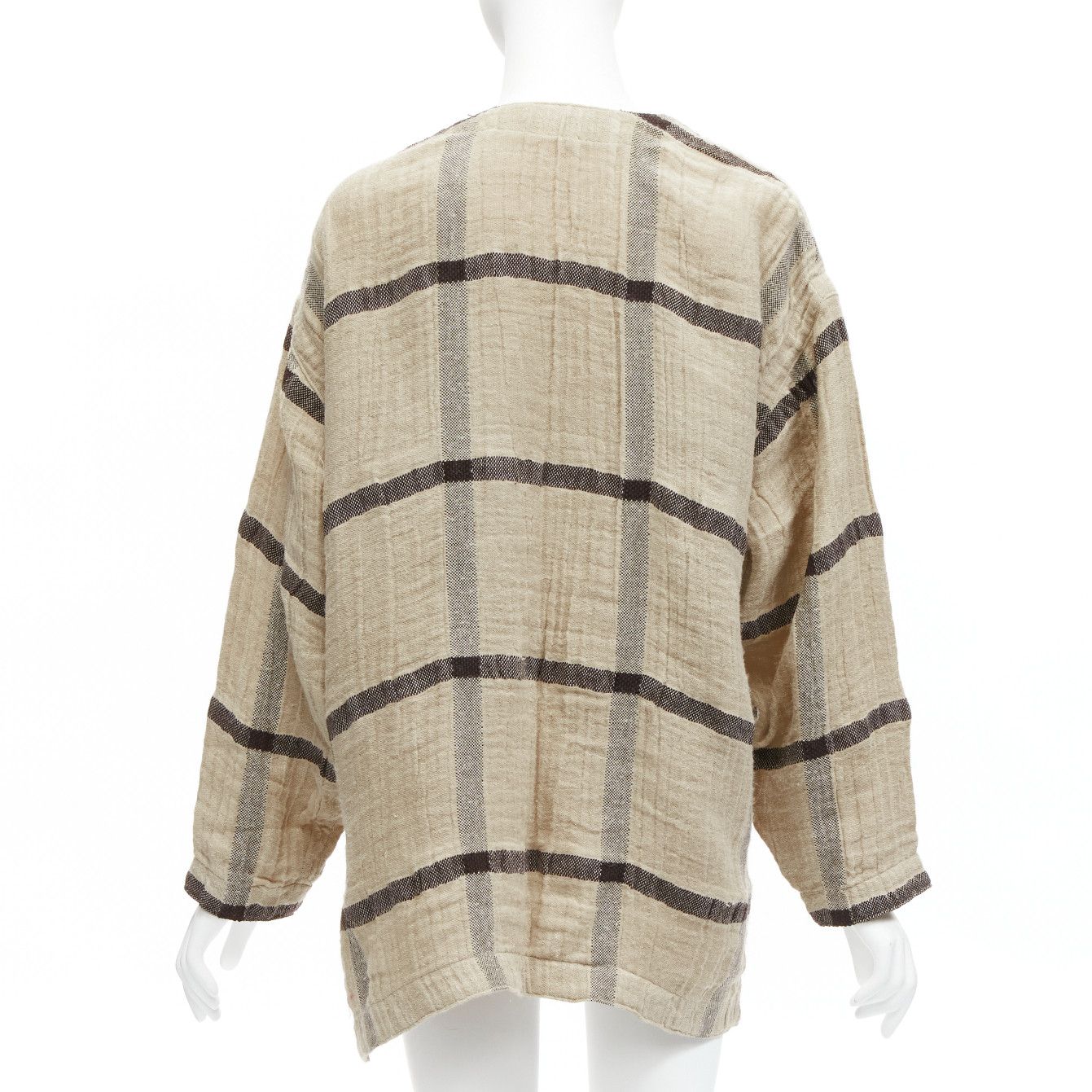 Issey Miyake ISSEY MIYAKE 1980s Vintage beige black check wrap front oversized crinkle coat JP9 Size ONE SIZE - 5 Thumbnail