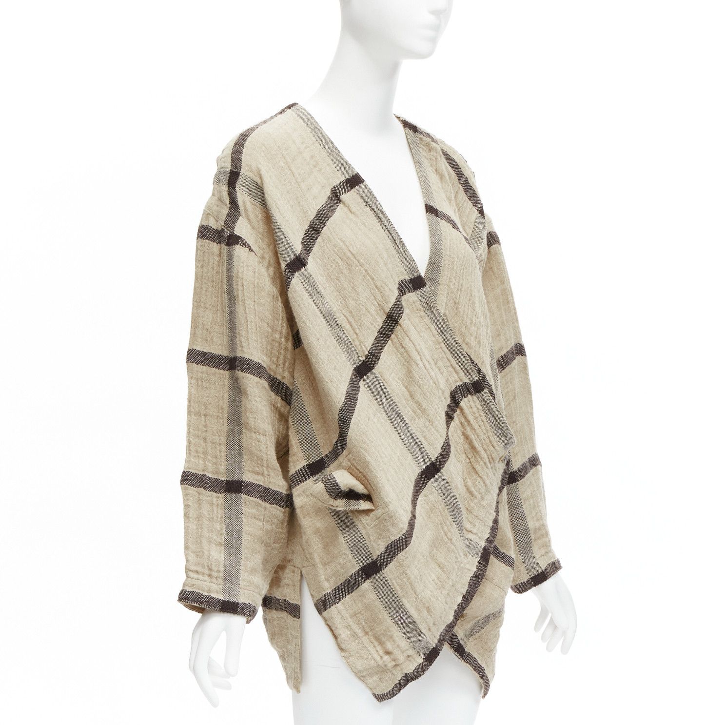 Issey Miyake ISSEY MIYAKE 1980s Vintage beige black check wrap front oversized crinkle coat JP9 Size ONE SIZE - 3 Thumbnail