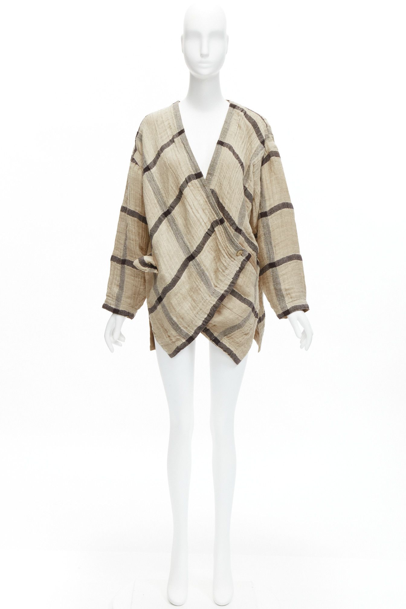 Issey Miyake ISSEY MIYAKE 1980s Vintage beige black check wrap front oversized crinkle coat JP9 Size ONE SIZE - 11 Thumbnail