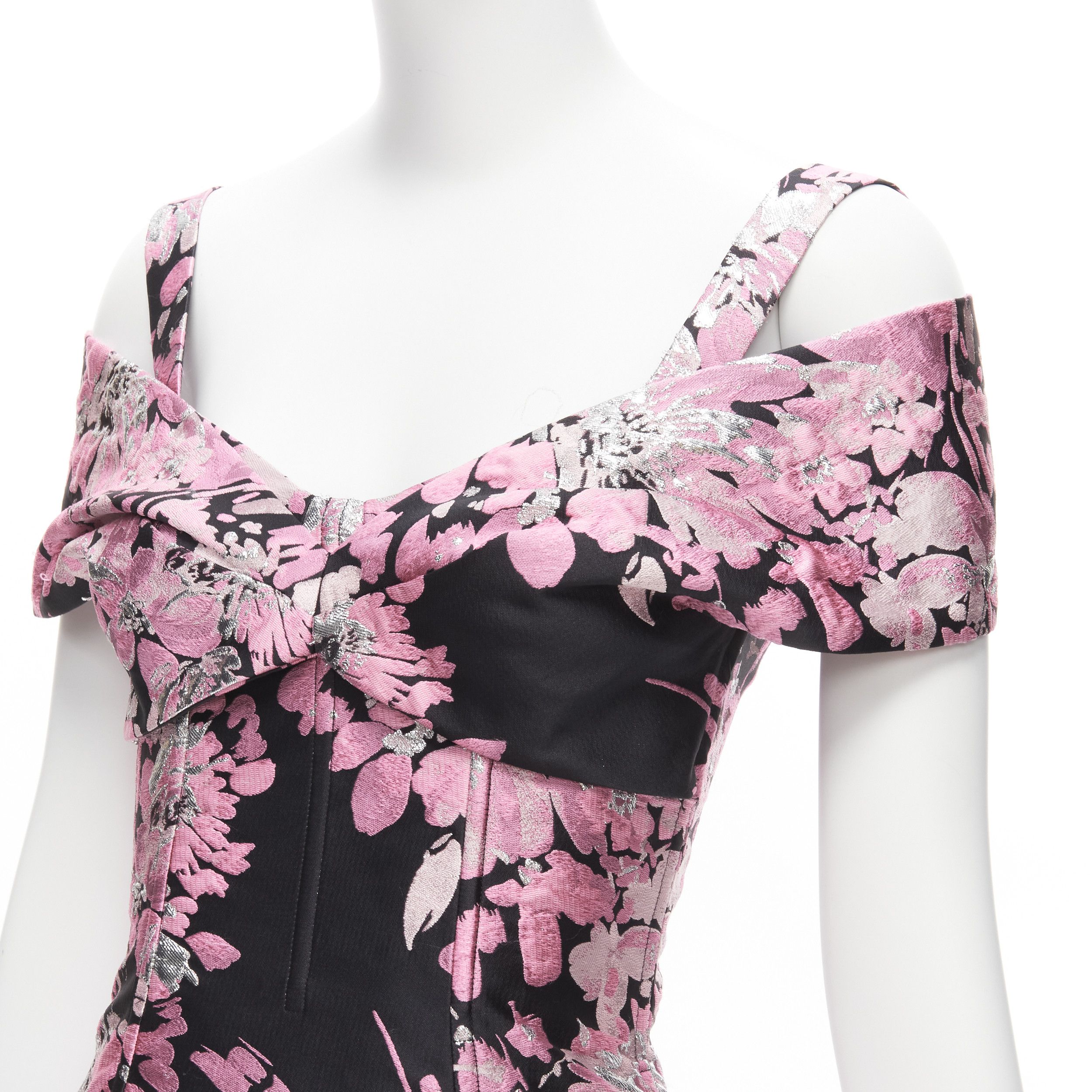 Dolce & Gabbana DOLCE GABBANA black pink floral jacquard off shoulder corsetted dress IT36 XXS Size XS / US 0-2 / IT 36-38 - 2 Thumbnail