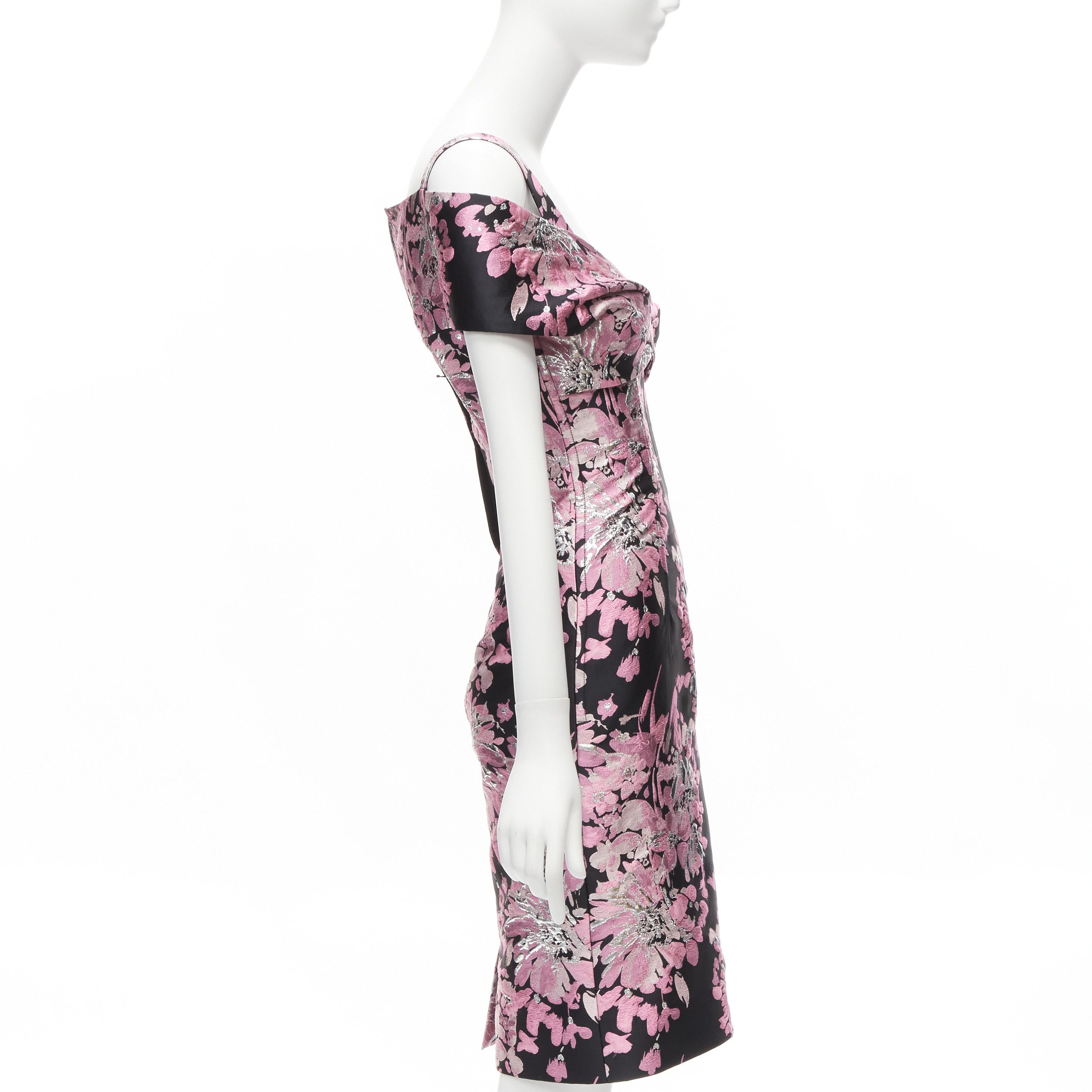 Dolce & Gabbana DOLCE GABBANA black pink floral jacquard off shoulder corsetted dress IT36 XXS Size XS / US 0-2 / IT 36-38 - 4 Thumbnail