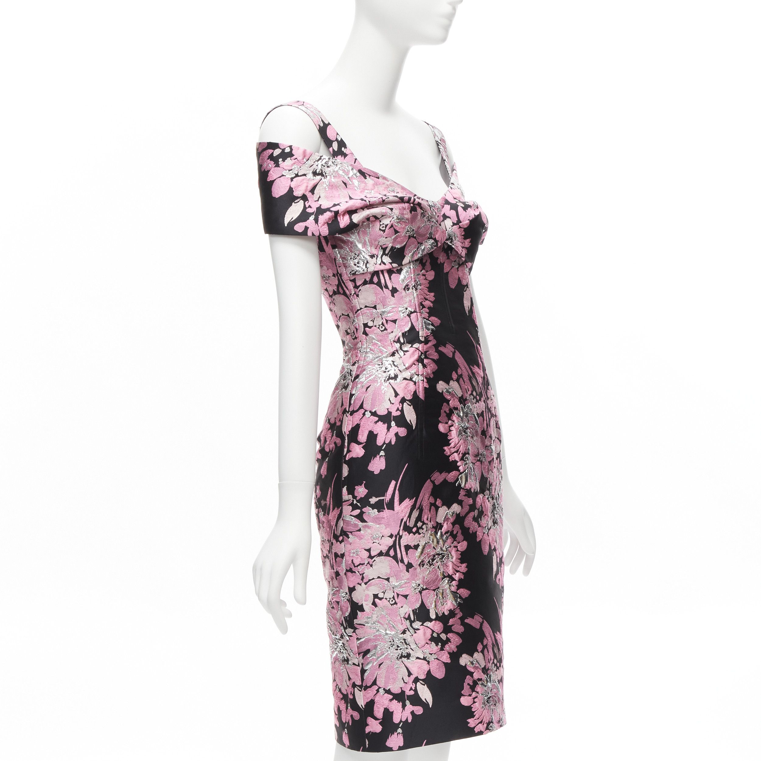 Dolce & Gabbana DOLCE GABBANA black pink floral jacquard off shoulder corsetted dress IT36 XXS Size XS / US 0-2 / IT 36-38 - 3 Thumbnail