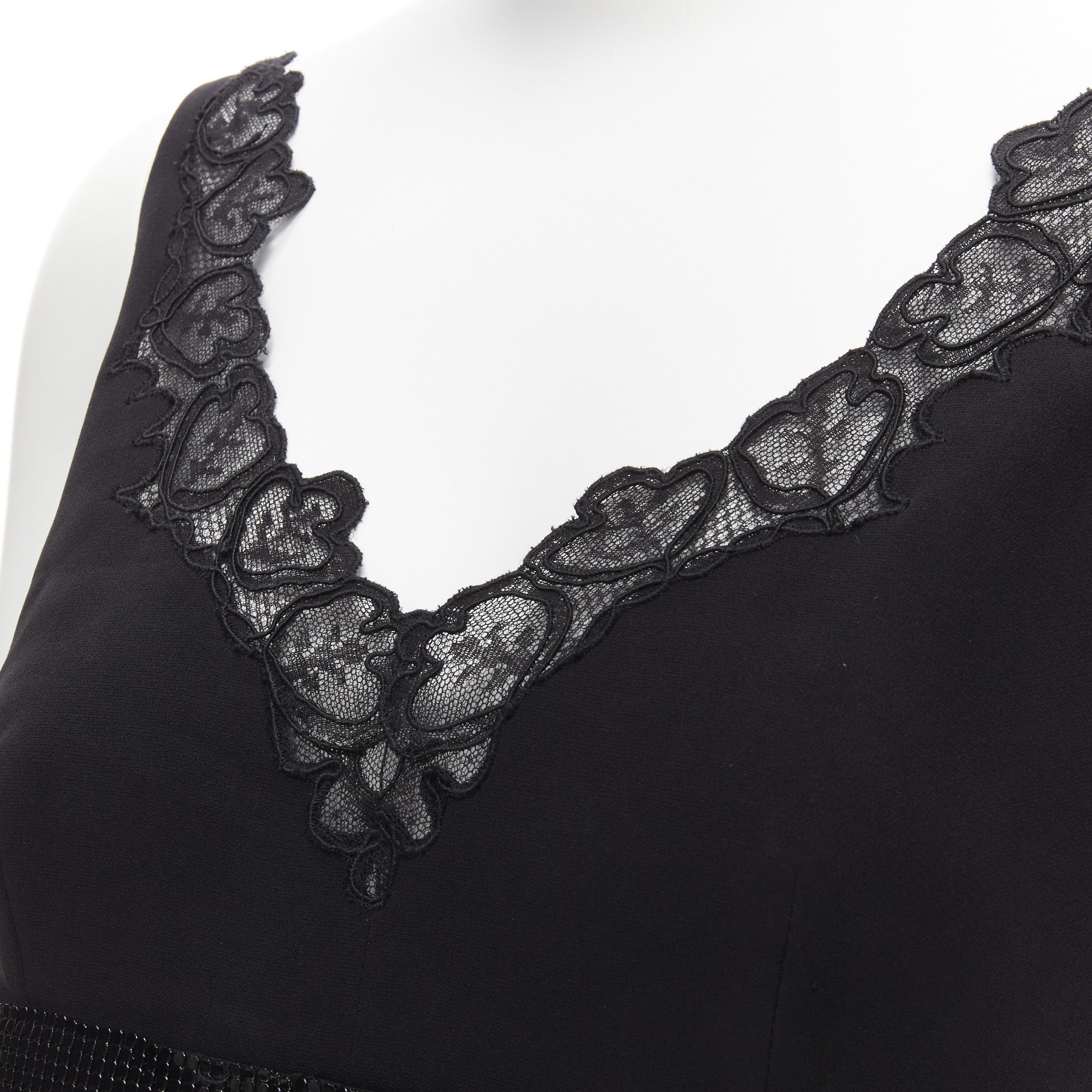 Versace VERSACE 2015 black silk lace V-neck chainmail trim pleated mini dress IT40 S Size S / US 4 / IT 40 - 7 Thumbnail