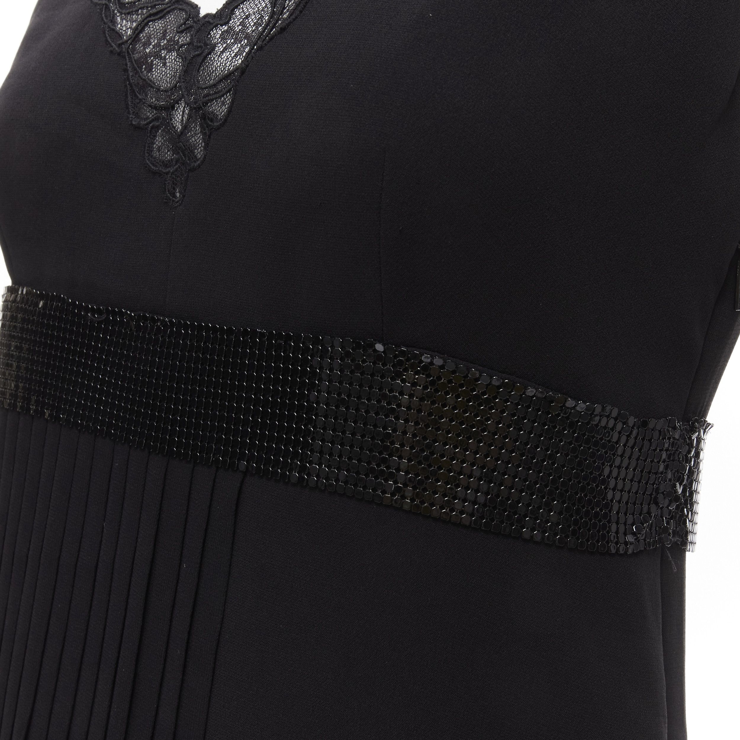Versace VERSACE 2015 black silk lace V-neck chainmail trim pleated mini dress IT40 S Size S / US 4 / IT 40 - 2 Thumbnail