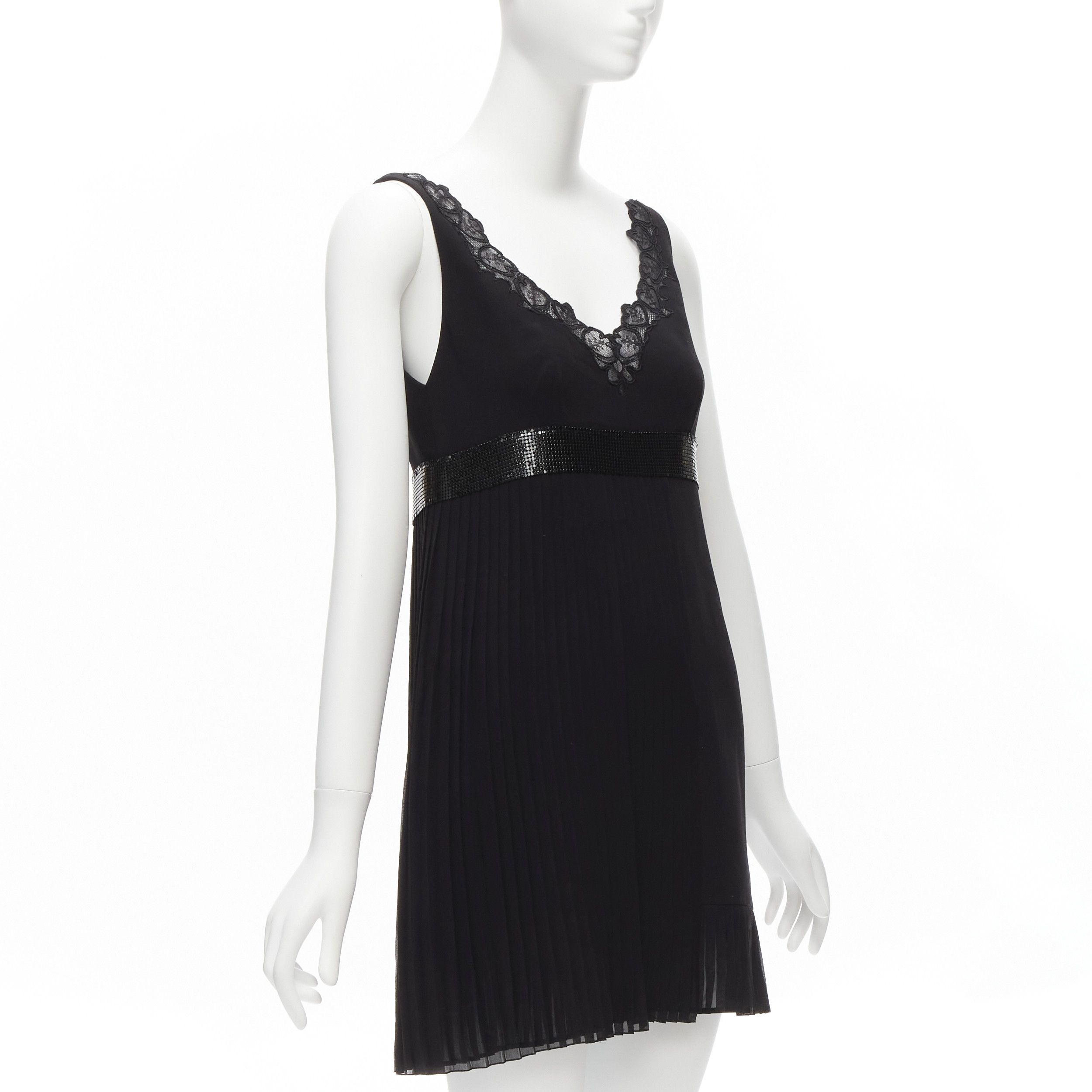Versace VERSACE 2015 black silk lace V-neck chainmail trim pleated mini dress IT40 S Size S / US 4 / IT 40 - 3 Thumbnail