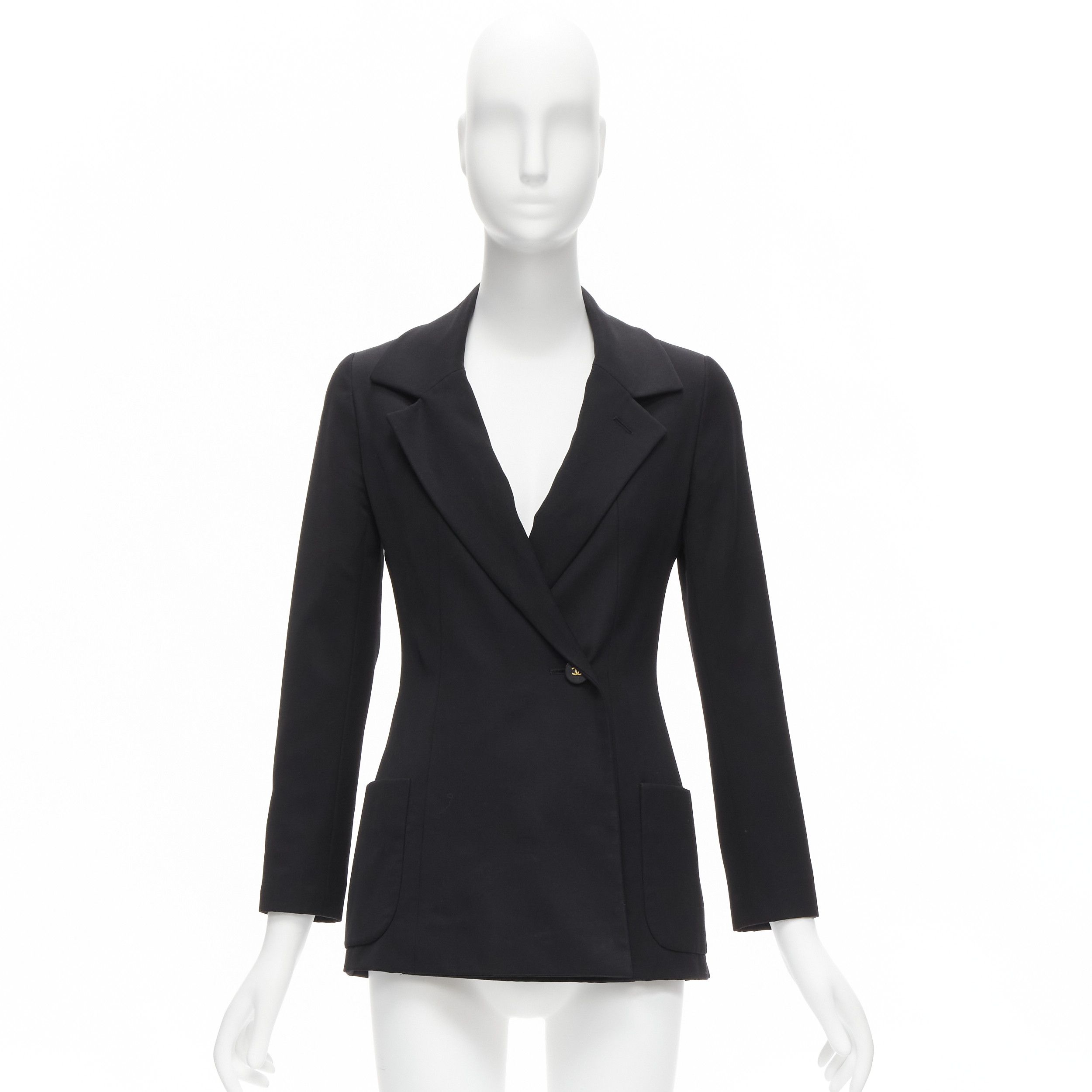 Chanel CHANEL 94A Vintage black wool gold CC button monogram lining blazer FR34 XS Size XS / US 0-2 / IT 36-38 - 10 Thumbnail