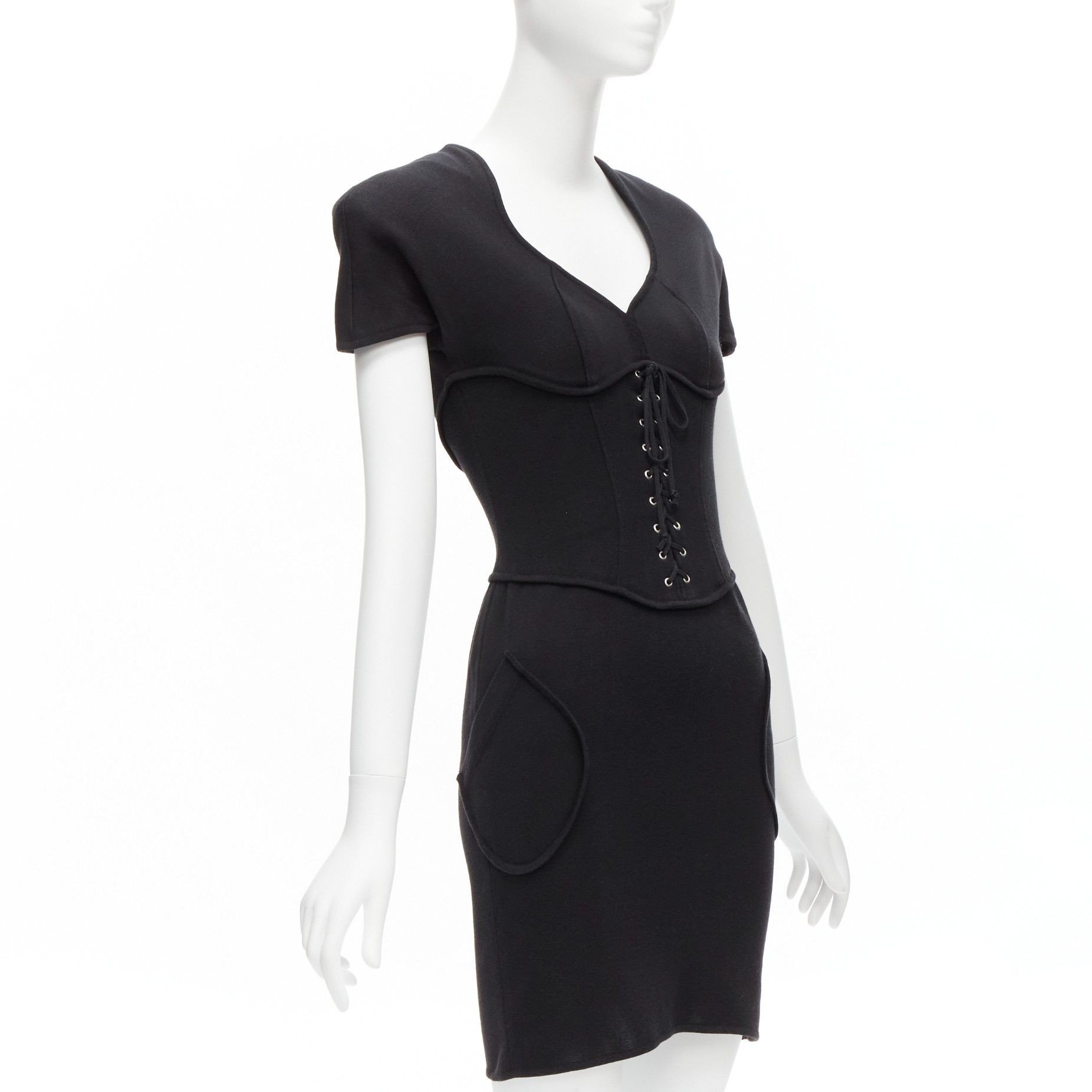 Thierry Mugler THIERRY MUGLER Vintage black jersey corset lace up waist bodycon dress M Size M / US 6-8 / IT 42-44 - 3 Thumbnail