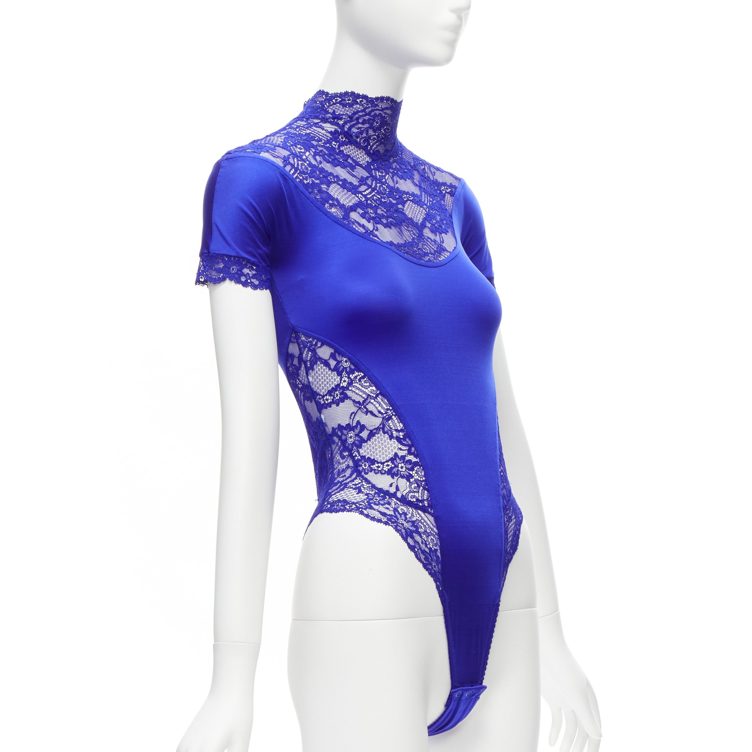 Versace GIANNI VERSACE Vintage blue lace satin panels blue crystal body suit top Size S / US 4 / IT 40 - 3 Thumbnail
