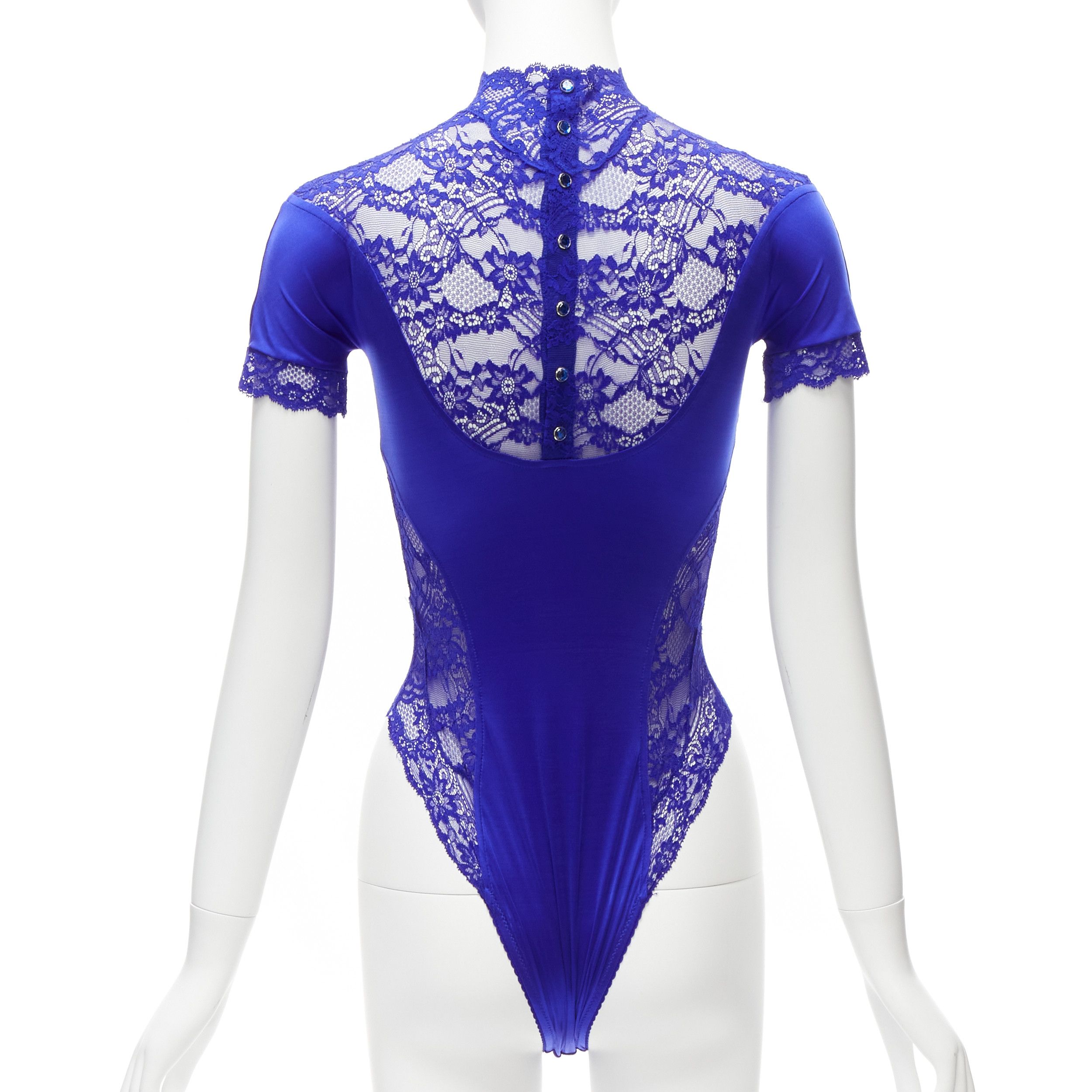 Versace GIANNI VERSACE Vintage blue lace satin panels blue crystal body suit top Size S / US 4 / IT 40 - 5 Thumbnail