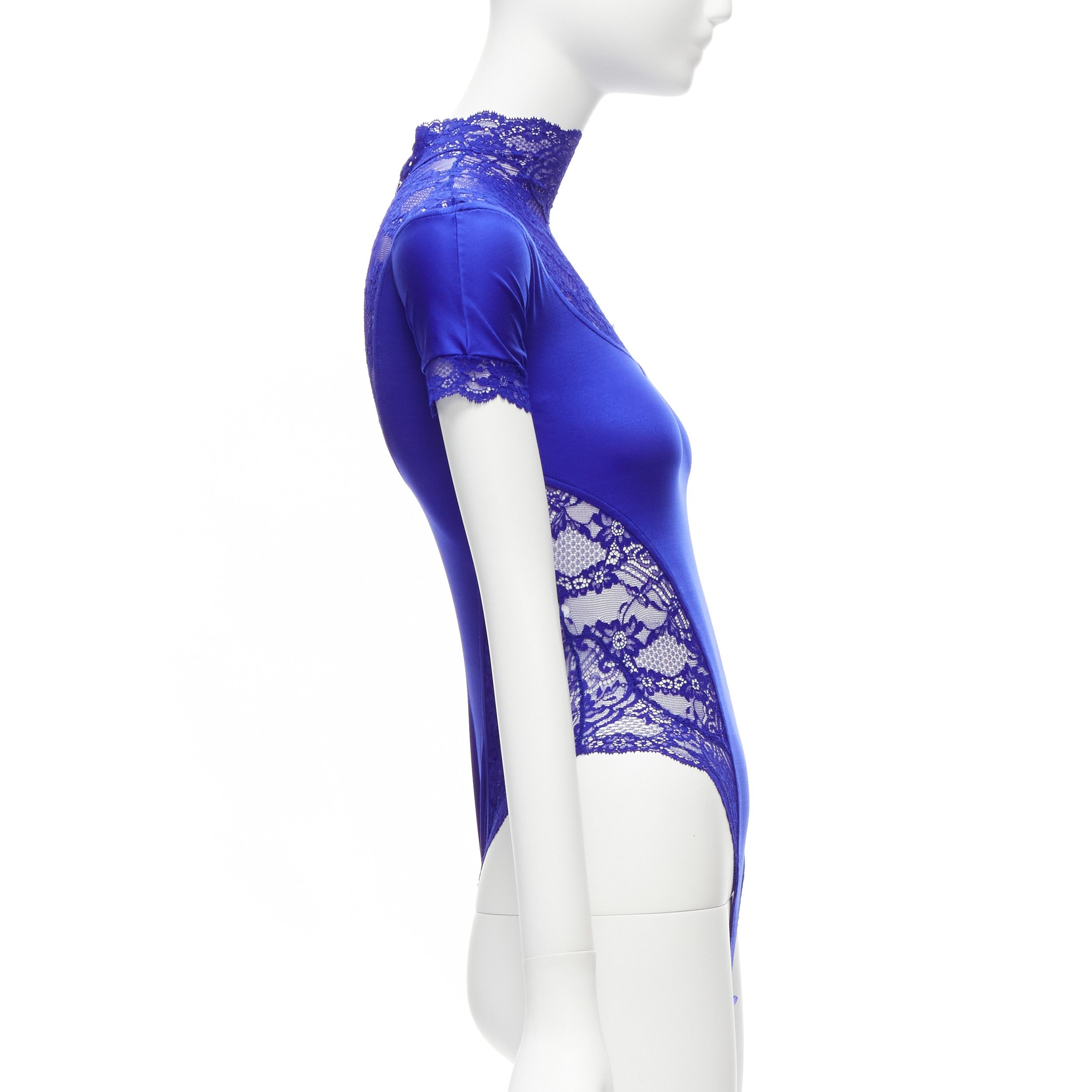 Versace GIANNI VERSACE Vintage blue lace satin panels blue crystal body suit top Size S / US 4 / IT 40 - 4 Thumbnail