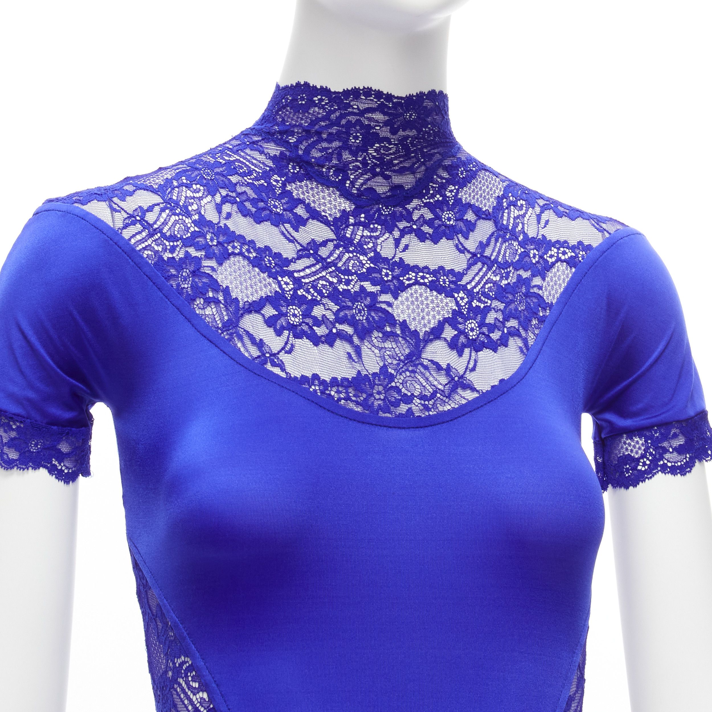 Versace GIANNI VERSACE Vintage blue lace satin panels blue crystal body suit top Size S / US 4 / IT 40 - 2 Thumbnail