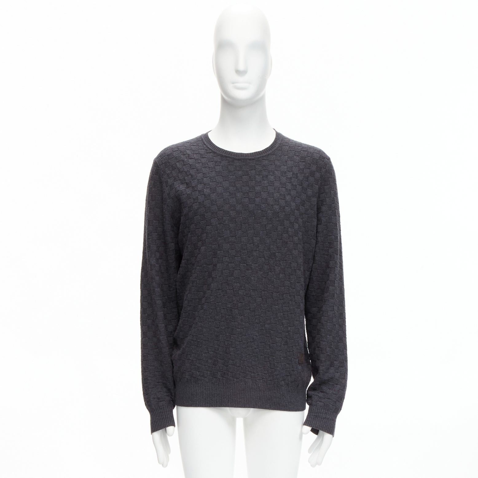 Louis Vuitton LOUIS VUITTON Damier grey wool cotton checks LV leather patch sweater L Size US L / EU 52-54 / 3 - 9 Thumbnail
