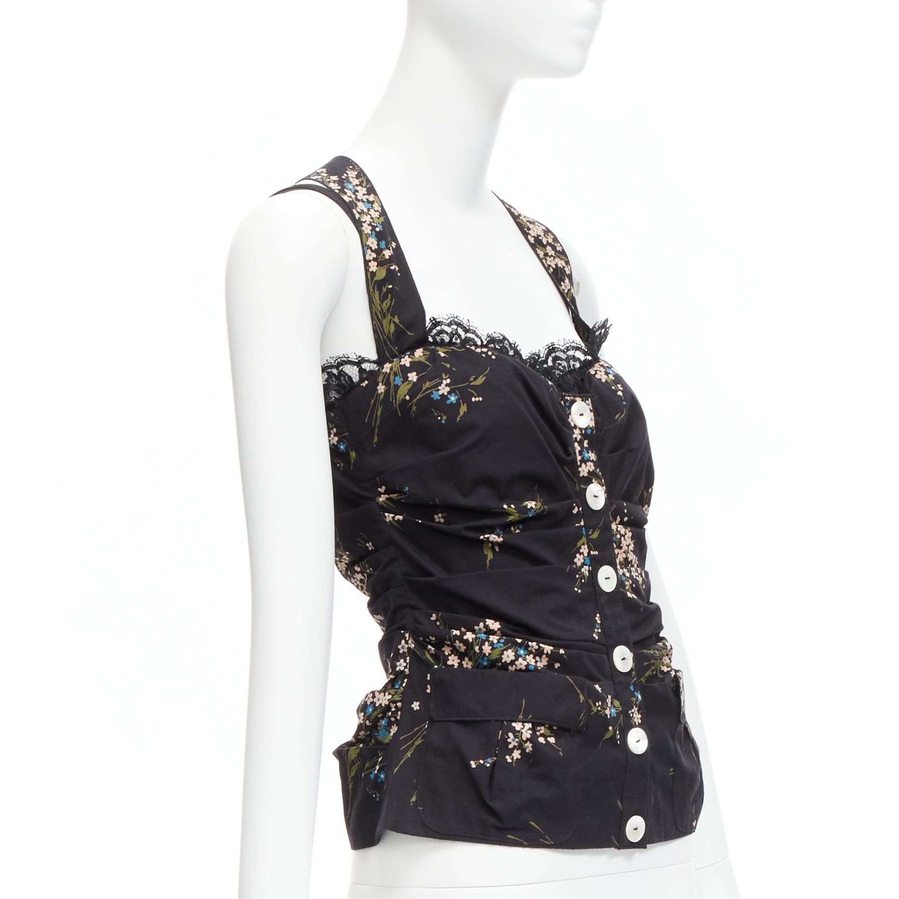 Dolce & Gabbana DOLCE GABBANA black floral print cross back lace trim corset top IT42 M Size M / US 6-8 / IT 42-44 - 3 Thumbnail