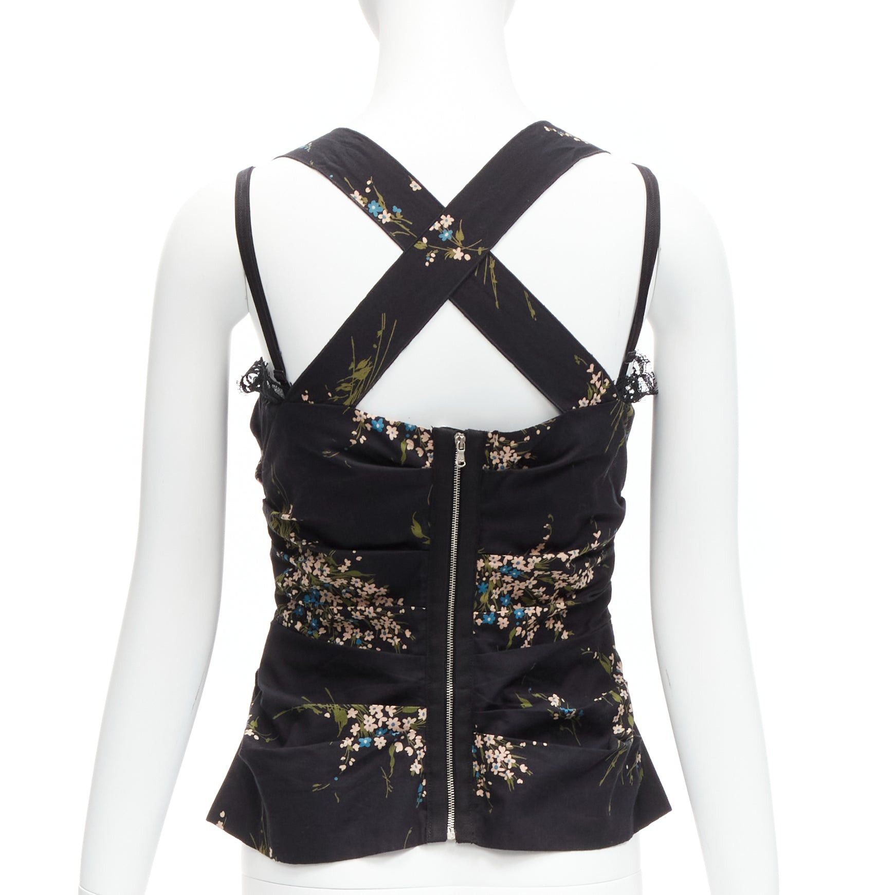 Dolce & Gabbana DOLCE GABBANA black floral print cross back lace trim corset top IT42 M Size M / US 6-8 / IT 42-44 - 2 Thumbnail