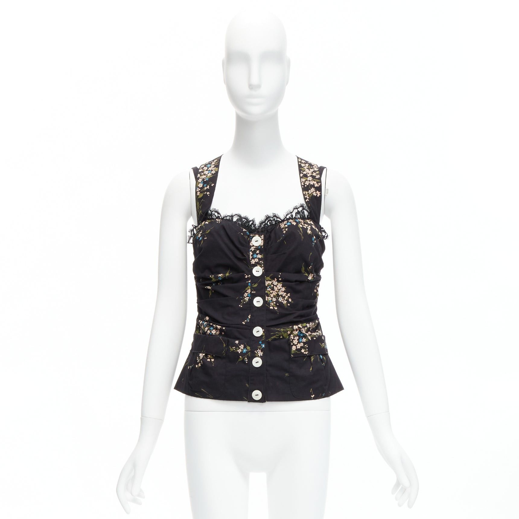 Dolce & Gabbana DOLCE GABBANA black floral print cross back lace trim corset top IT42 M Size M / US 6-8 / IT 42-44 - 10 Thumbnail