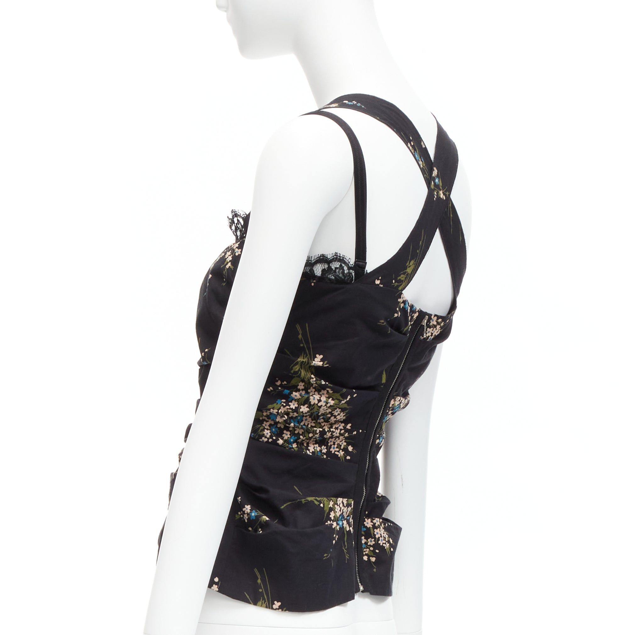Dolce & Gabbana DOLCE GABBANA black floral print cross back lace trim corset top IT42 M Size M / US 6-8 / IT 42-44 - 5 Thumbnail