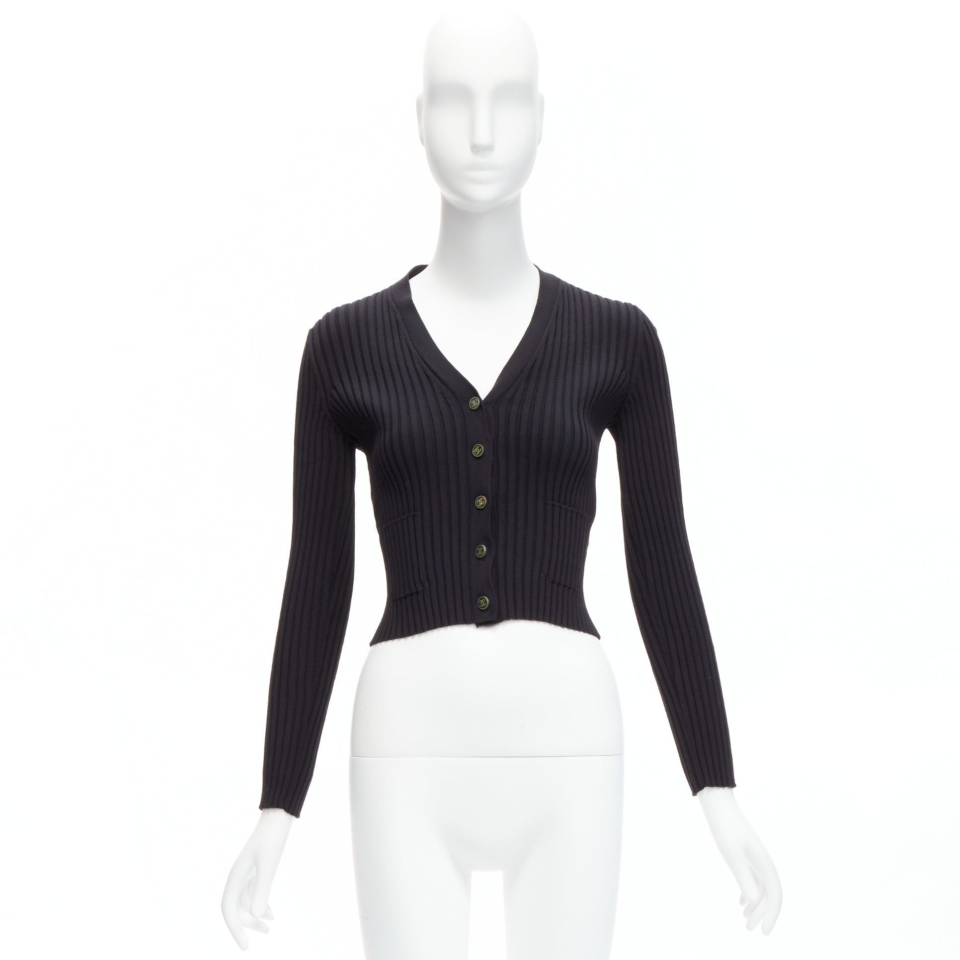 Chanel CHANEL 01A Vintage gold CC logo button ribbed cropped cardigan FR42 L Size L / US 10 / IT 46 - 11 Thumbnail