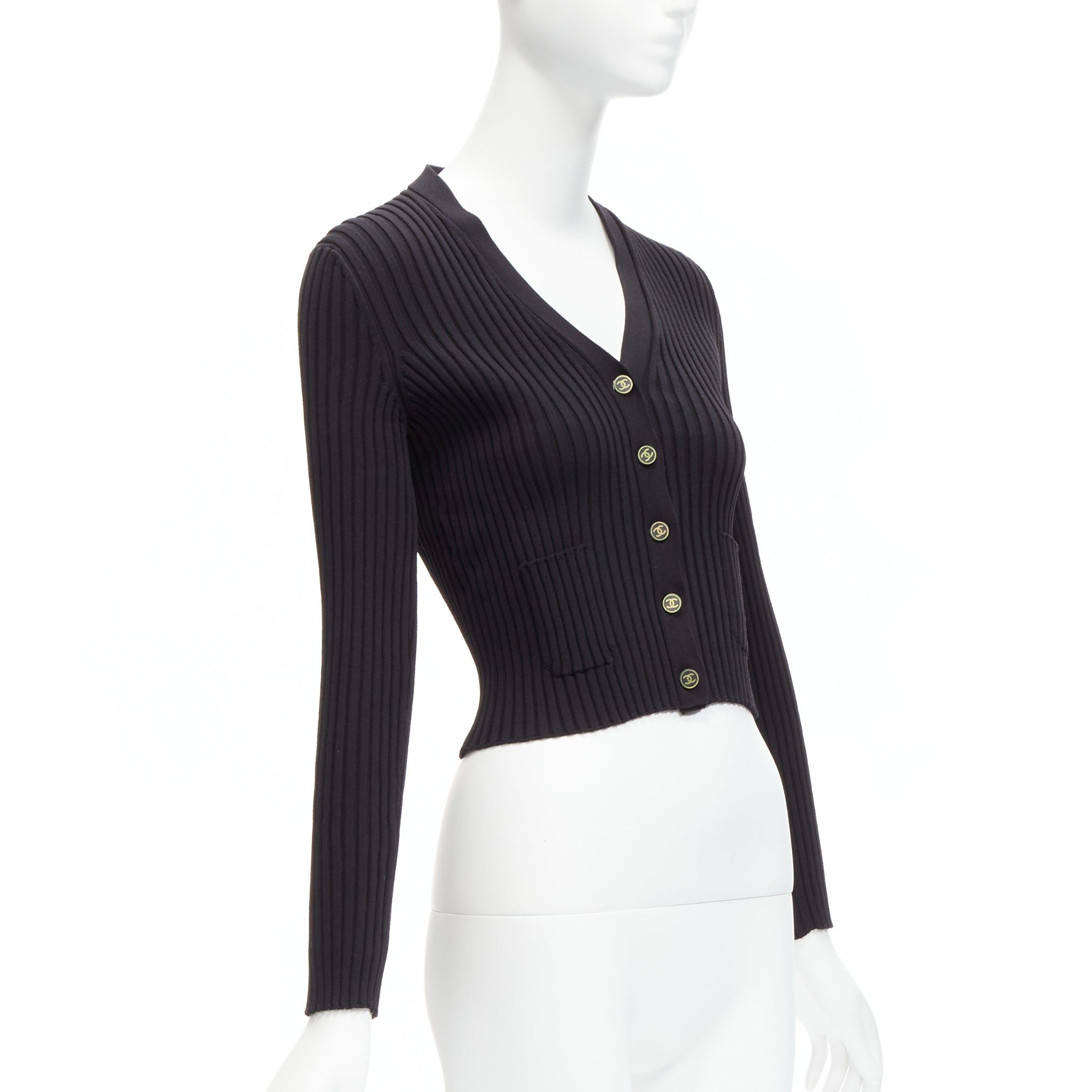 Chanel CHANEL 01A Vintage gold CC logo button ribbed cropped cardigan FR42 L Size L / US 10 / IT 46 - 4 Thumbnail