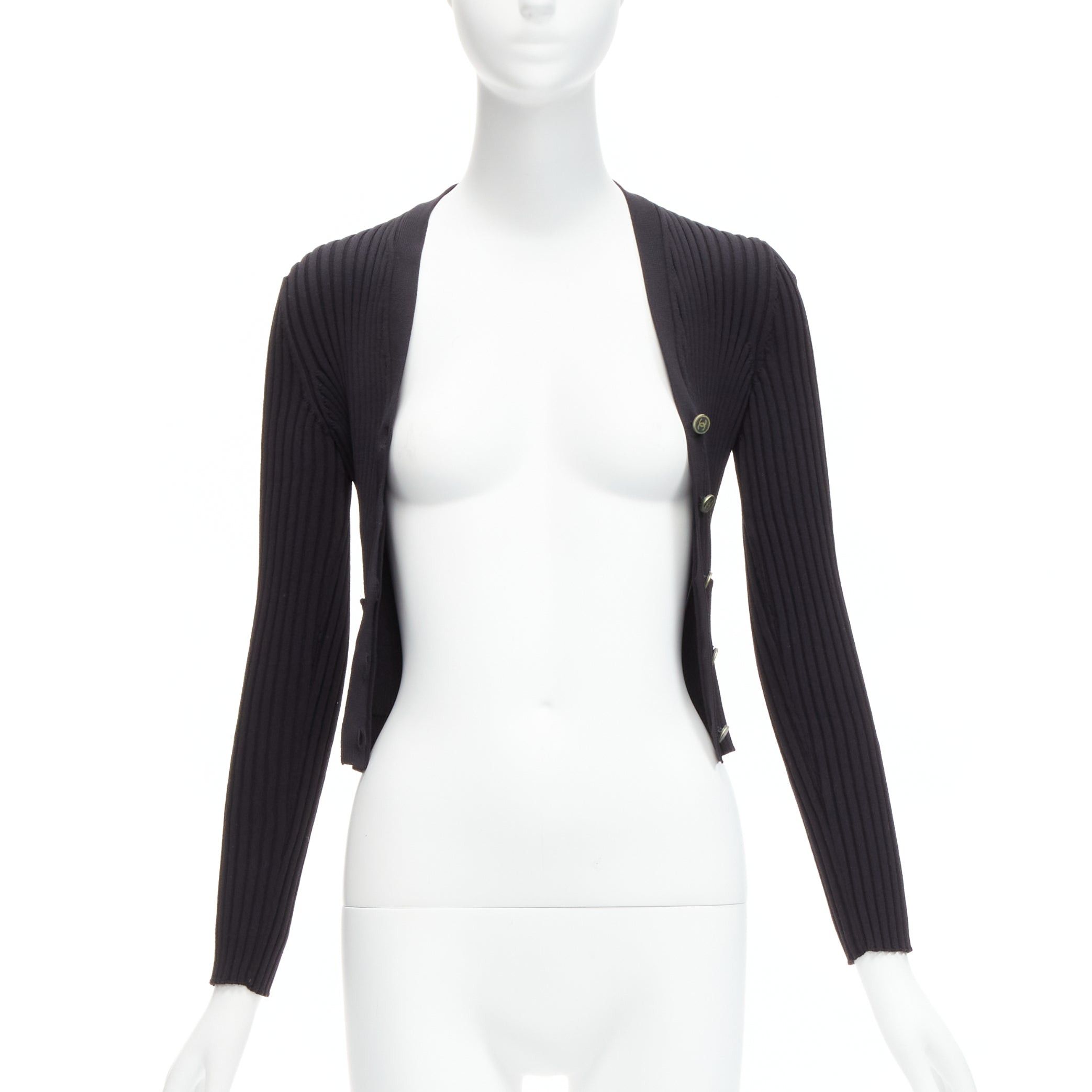 Chanel CHANEL 01A Vintage gold CC logo button ribbed cropped cardigan FR42 L Size L / US 10 / IT 46 - 3 Thumbnail