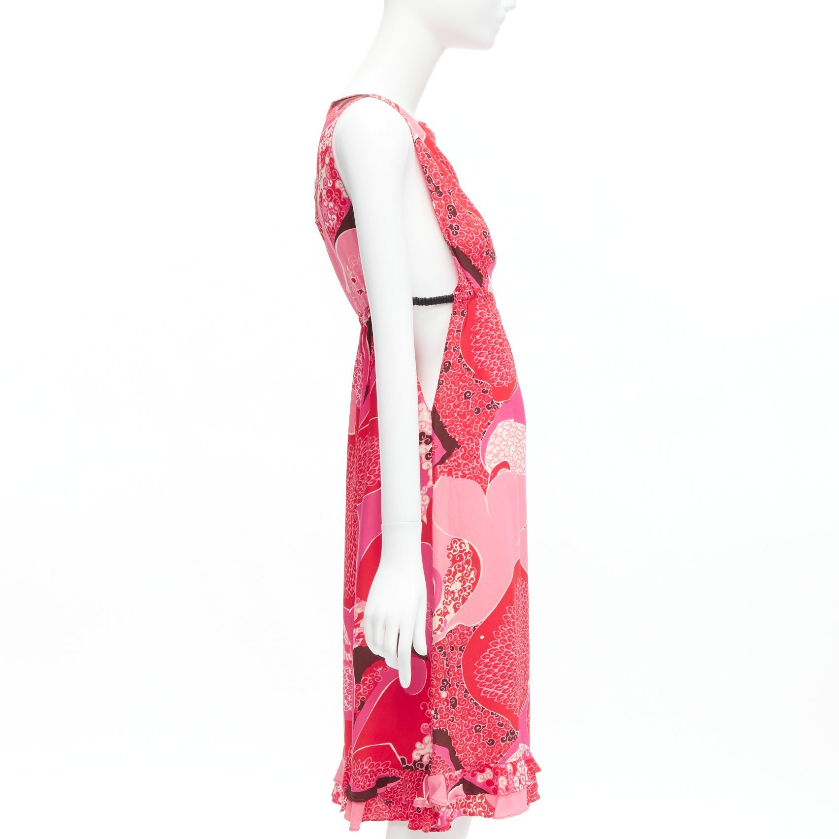 Gucci GUCCI TOM FORD Vintage Runway red pink floral print silk side cutout leather strap dress IT42 M Size M / US 6-8 / IT 42-44 - 4 Thumbnail