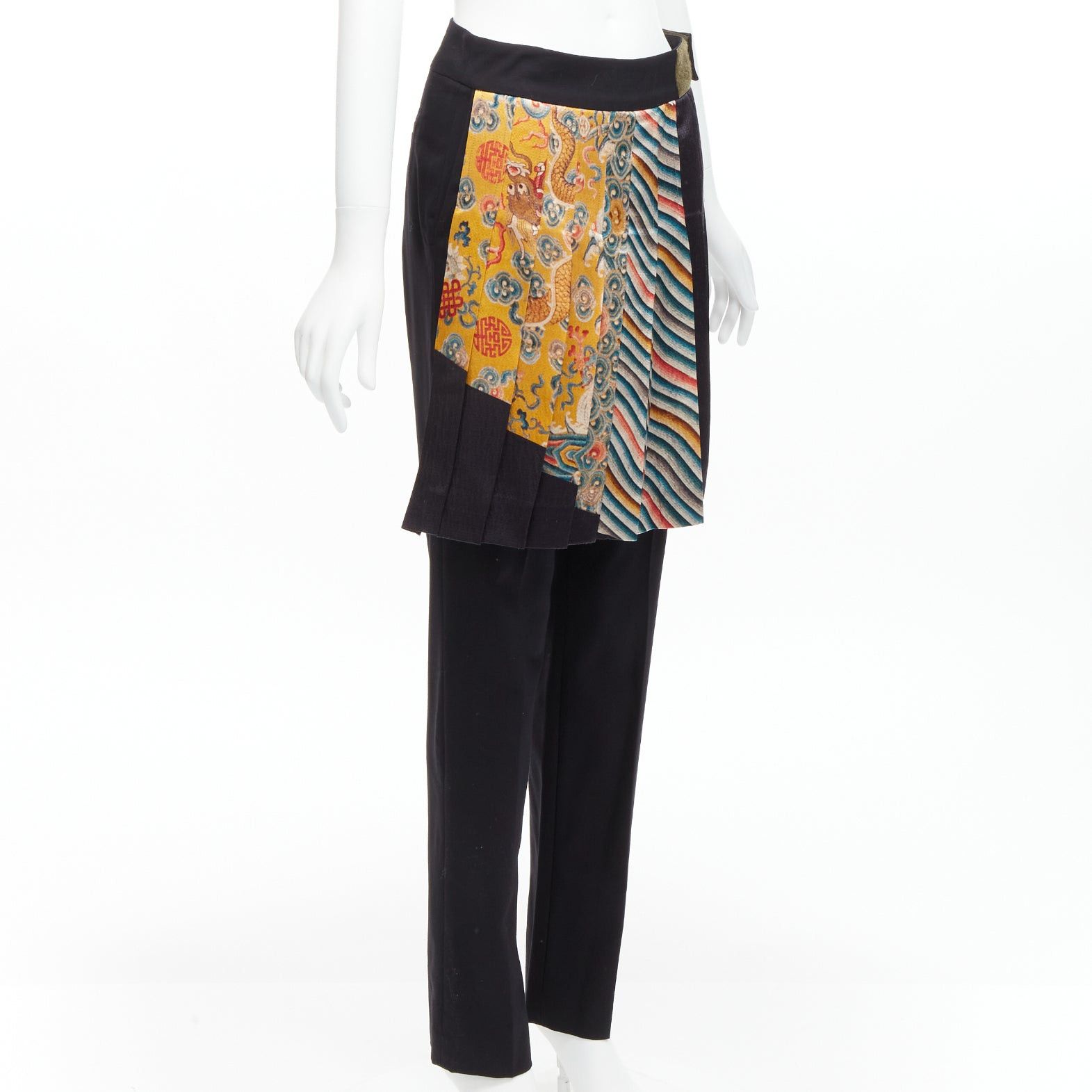 Dries Van Noten new DRIES VAN NOTEN 2012 Runway Yellow chinese dragon print pleated kilt layered trousers FR36 S Size 27" / US 4 / IT 40 - 3 Thumbnail