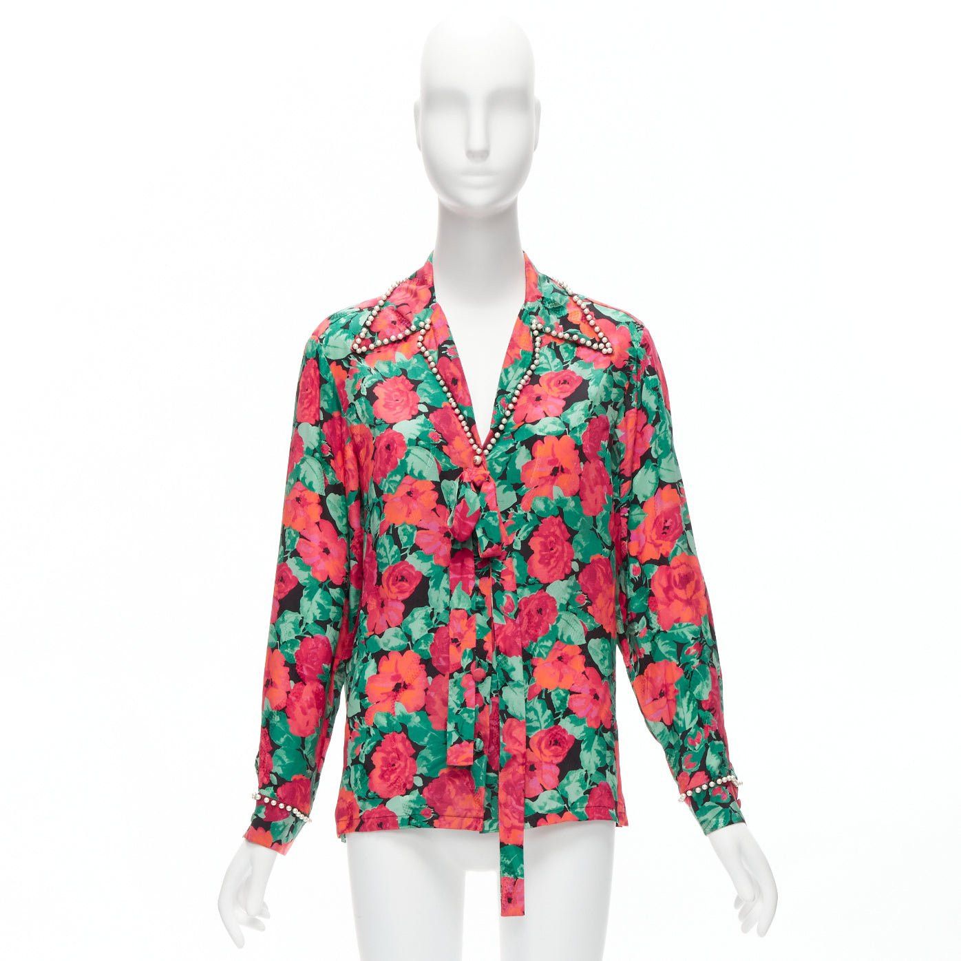 Gucci GUCCI ALESSANDRO MICHELE 2016 red green floral GG logo pearl butto bow silk shirt IT38 XS Size XS / US 0-2 / IT 36-38 - 10 Thumbnail