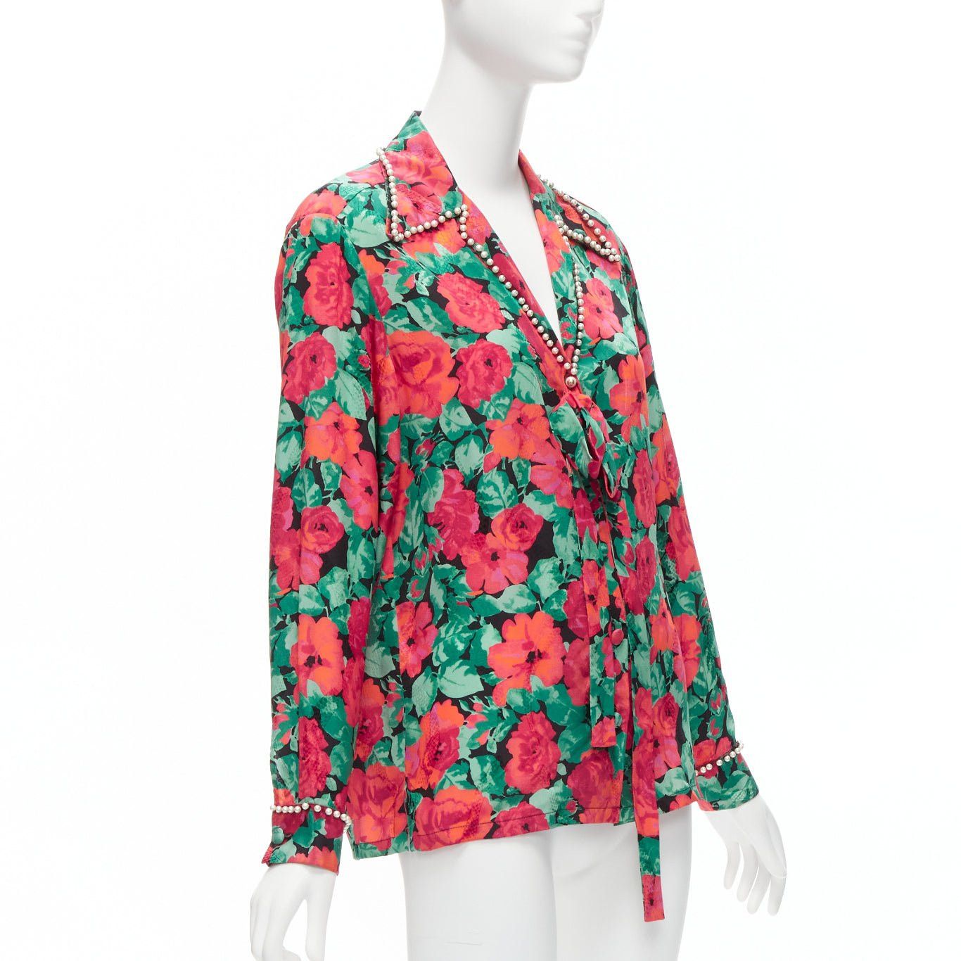 Gucci GUCCI ALESSANDRO MICHELE 2016 red green floral GG logo pearl butto bow silk shirt IT38 XS Size XS / US 0-2 / IT 36-38 - 3 Thumbnail