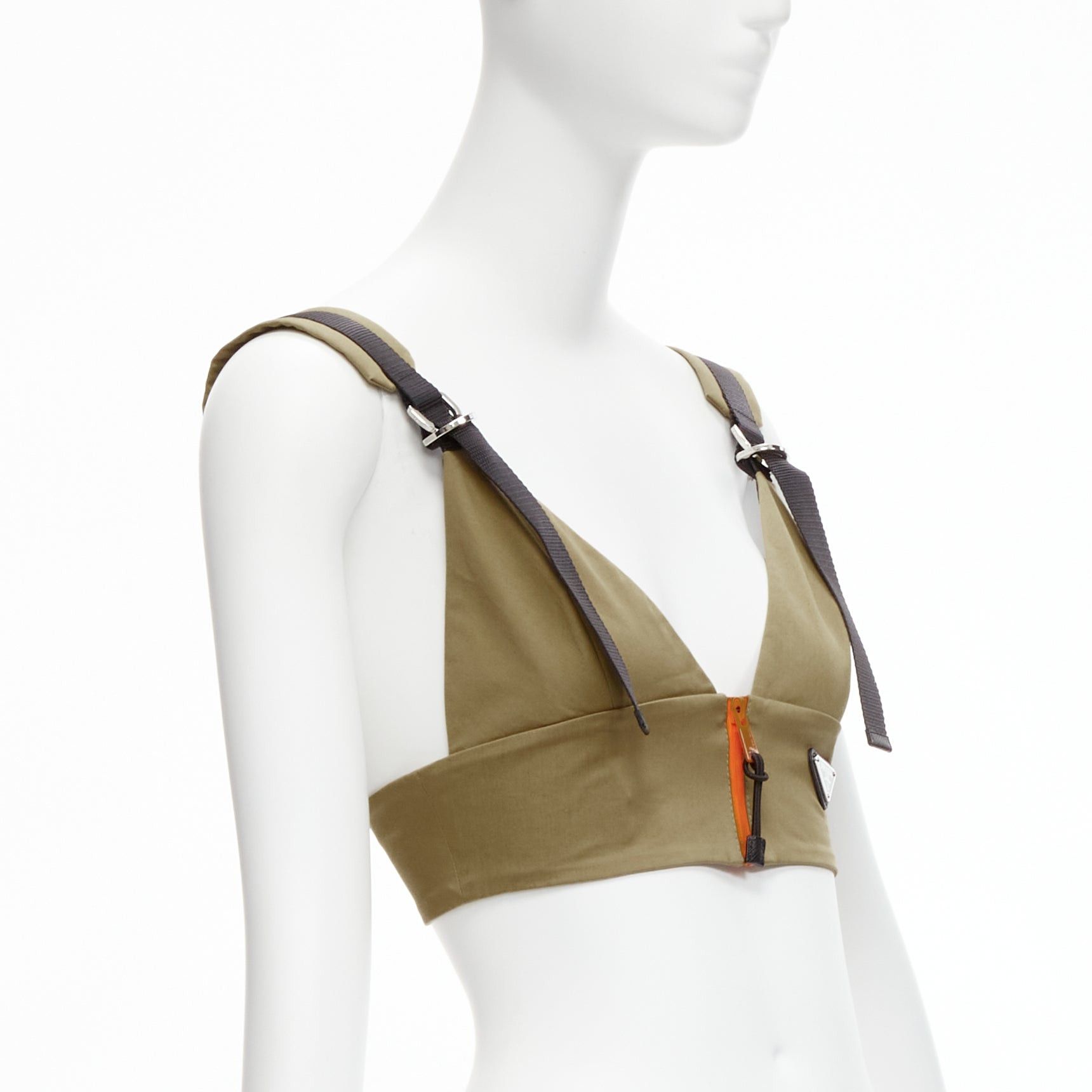Prada PRADA 2021 orange zip khaki green technical strap bra top IT40 S Size S / US 4 / IT 40 - 3 Thumbnail