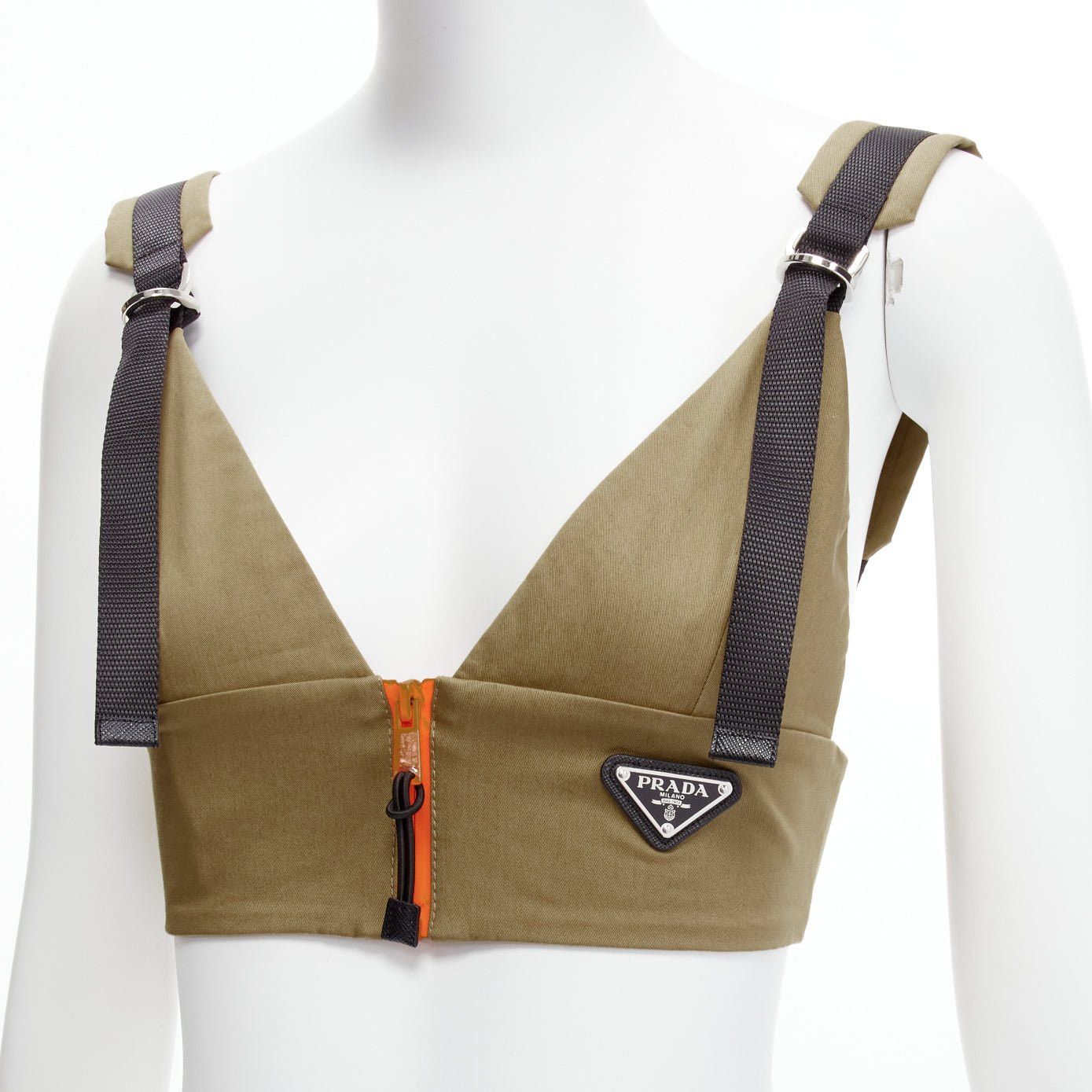 Prada new PRADA 2021 orange zip khaki green technical strap bra top IT40 S Size S / US 4 / IT 40 - 2 Thumbnail