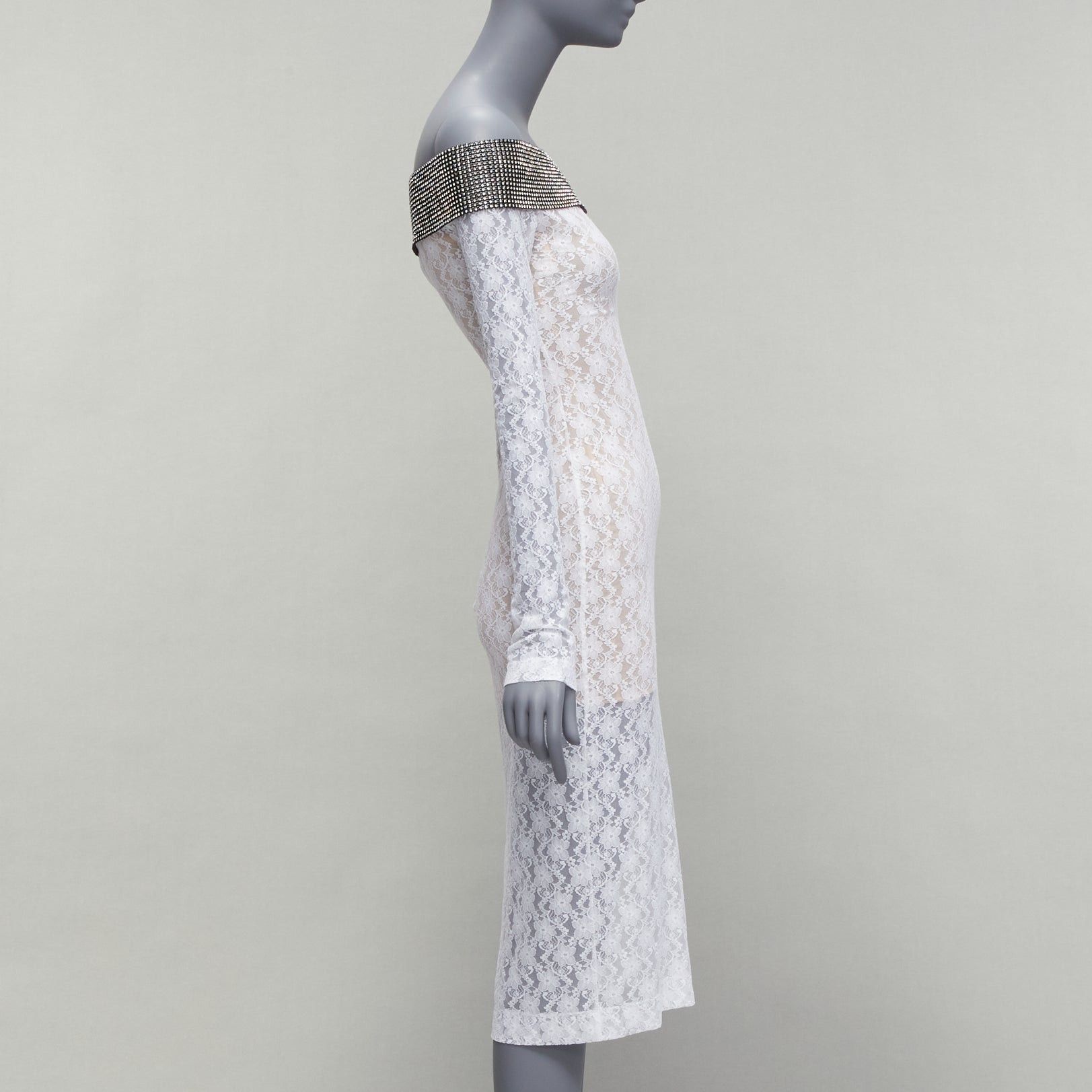 Christopher Kane CHRISTOPHER KANE 2019 Runway black crystal off shoulder collar white sheer lace dress IT38 XS Size XS / US 0-2 / IT 36-38 - 4 Thumbnail