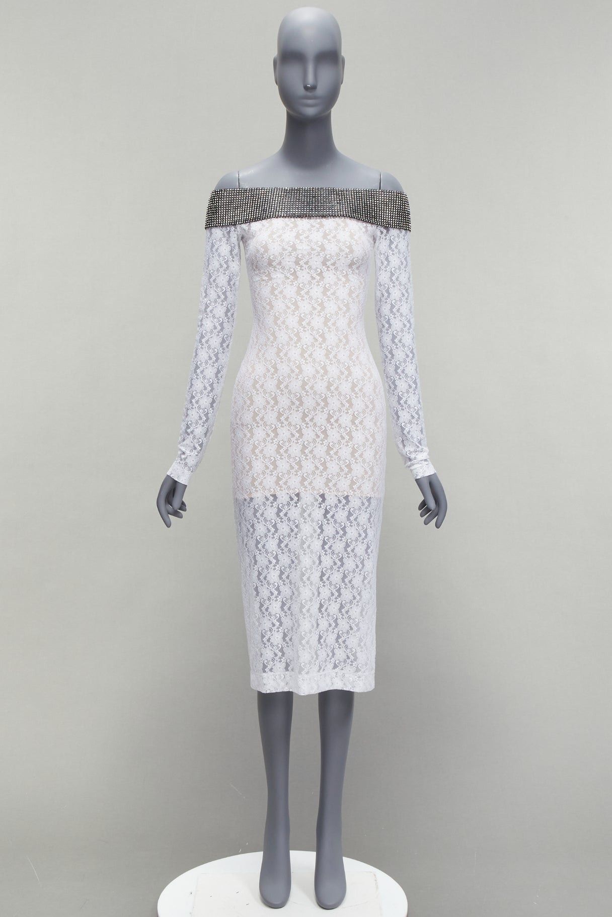 Christopher Kane CHRISTOPHER KANE 2019 Runway black crystal off shoulder collar white sheer lace dress IT38 XS Size XS / US 0-2 / IT 36-38 - 9 Thumbnail