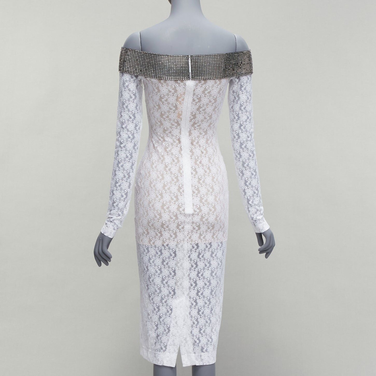 Christopher Kane CHRISTOPHER KANE 2019 Runway black crystal off shoulder collar white sheer lace dress IT38 XS Size XS / US 0-2 / IT 36-38 - 5 Thumbnail