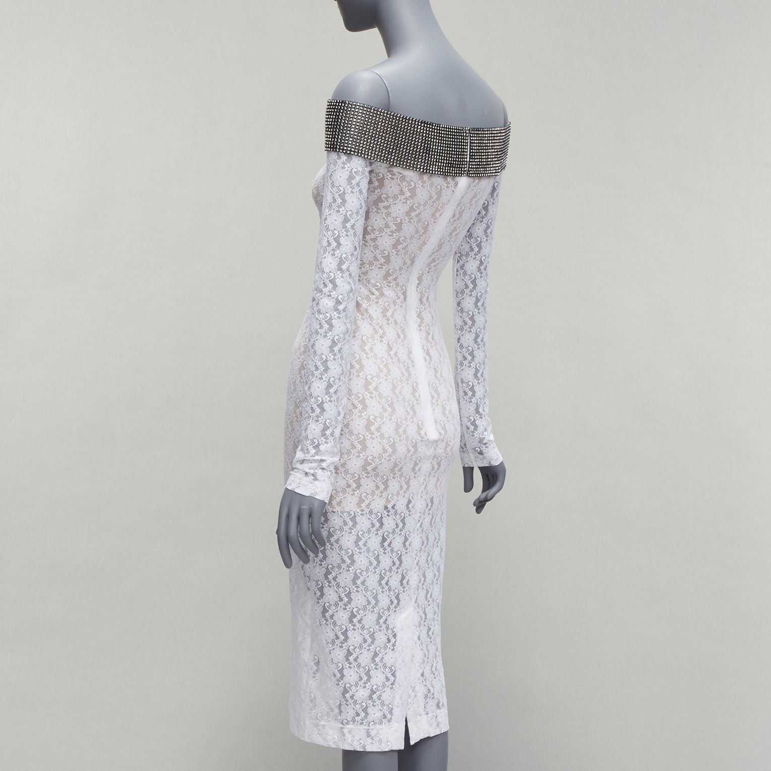 Christopher Kane CHRISTOPHER KANE 2019 Runway black crystal off shoulder collar white sheer lace dress IT38 XS Size XS / US 0-2 / IT 36-38 - 6 Thumbnail