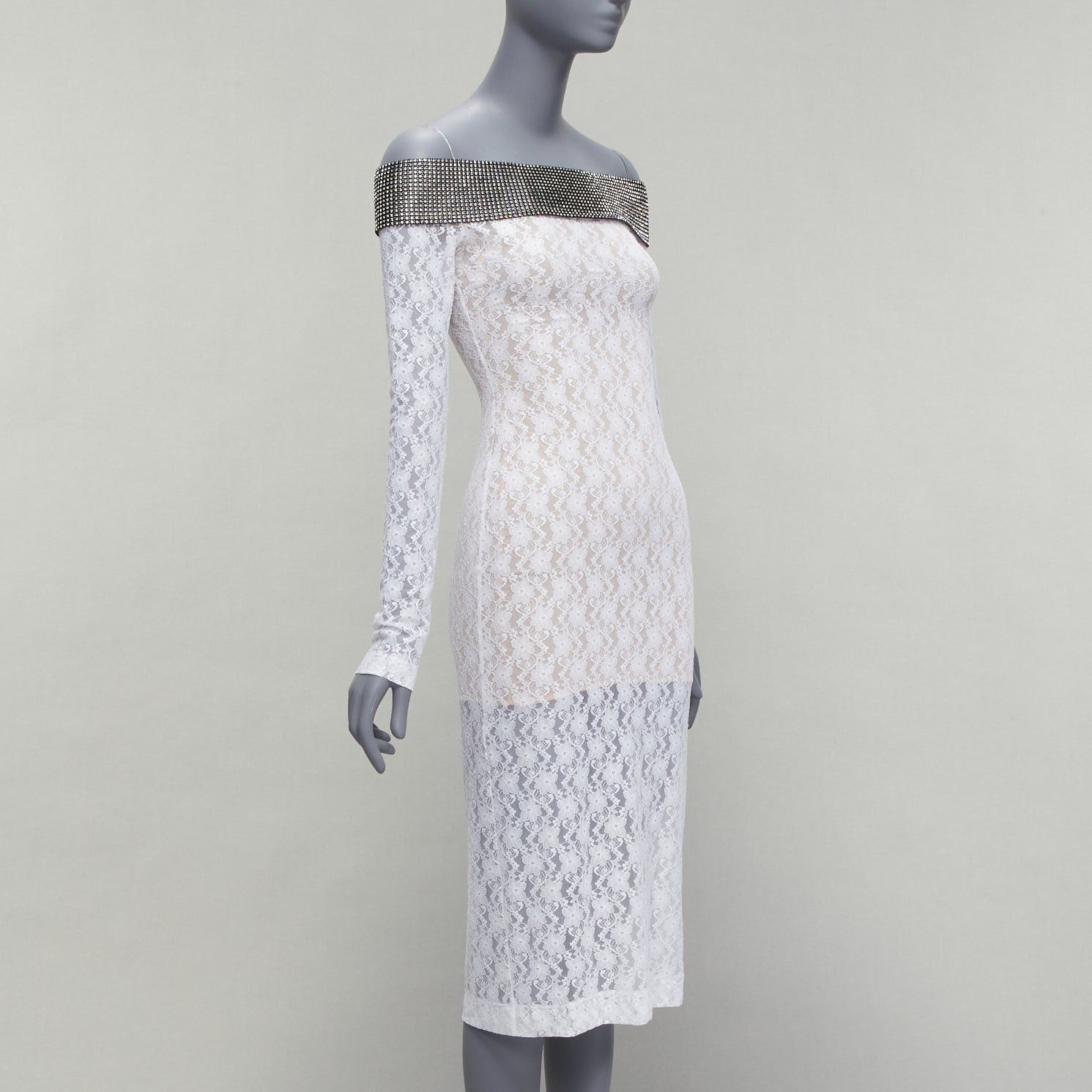 Christopher Kane CHRISTOPHER KANE 2019 Runway black crystal off shoulder collar white sheer lace dress IT38 XS Size XS / US 0-2 / IT 36-38 - 3 Thumbnail