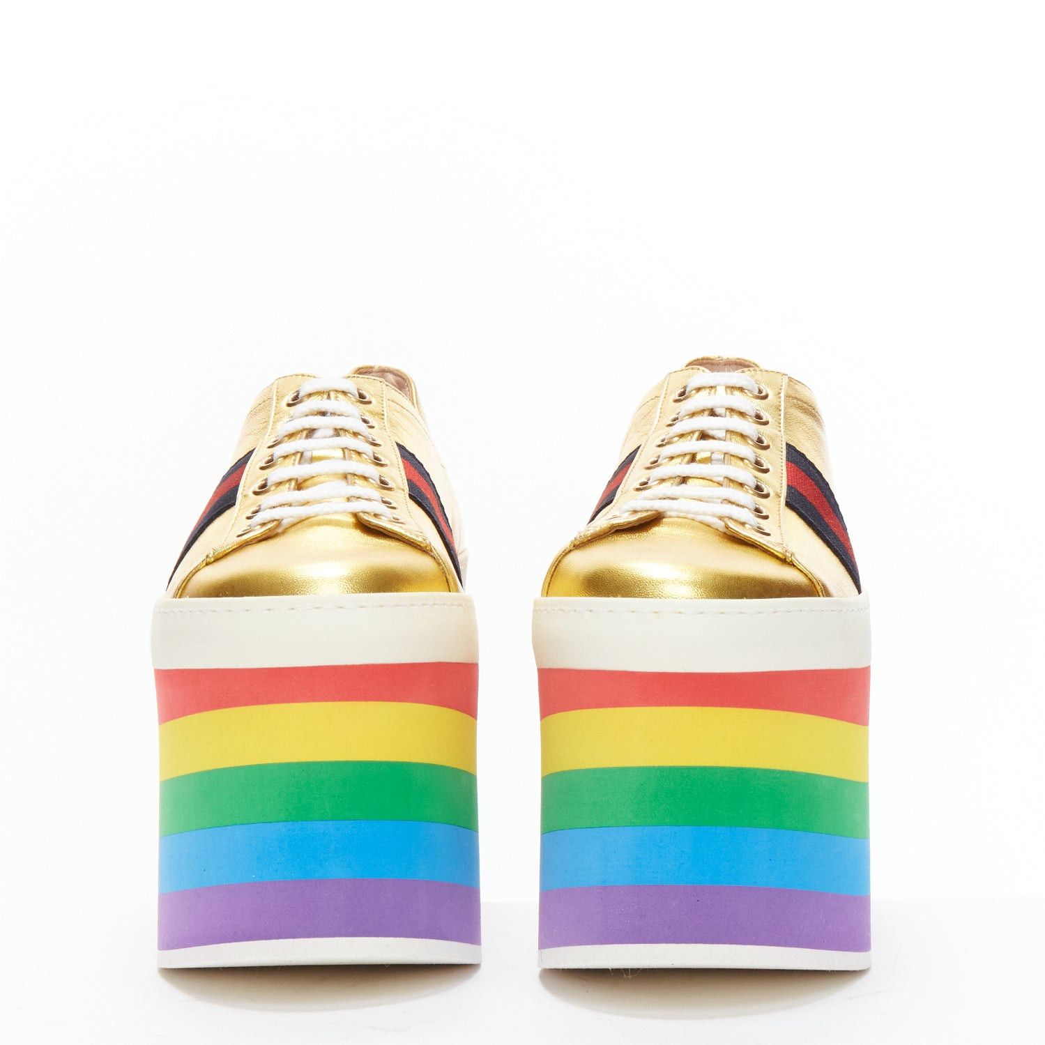 Gucci GUCCI Alessandro Michele Peggy rainbow gold web platform sneakers EU37.5 Size US 7.5 / IT 37.5 - 3 Thumbnail