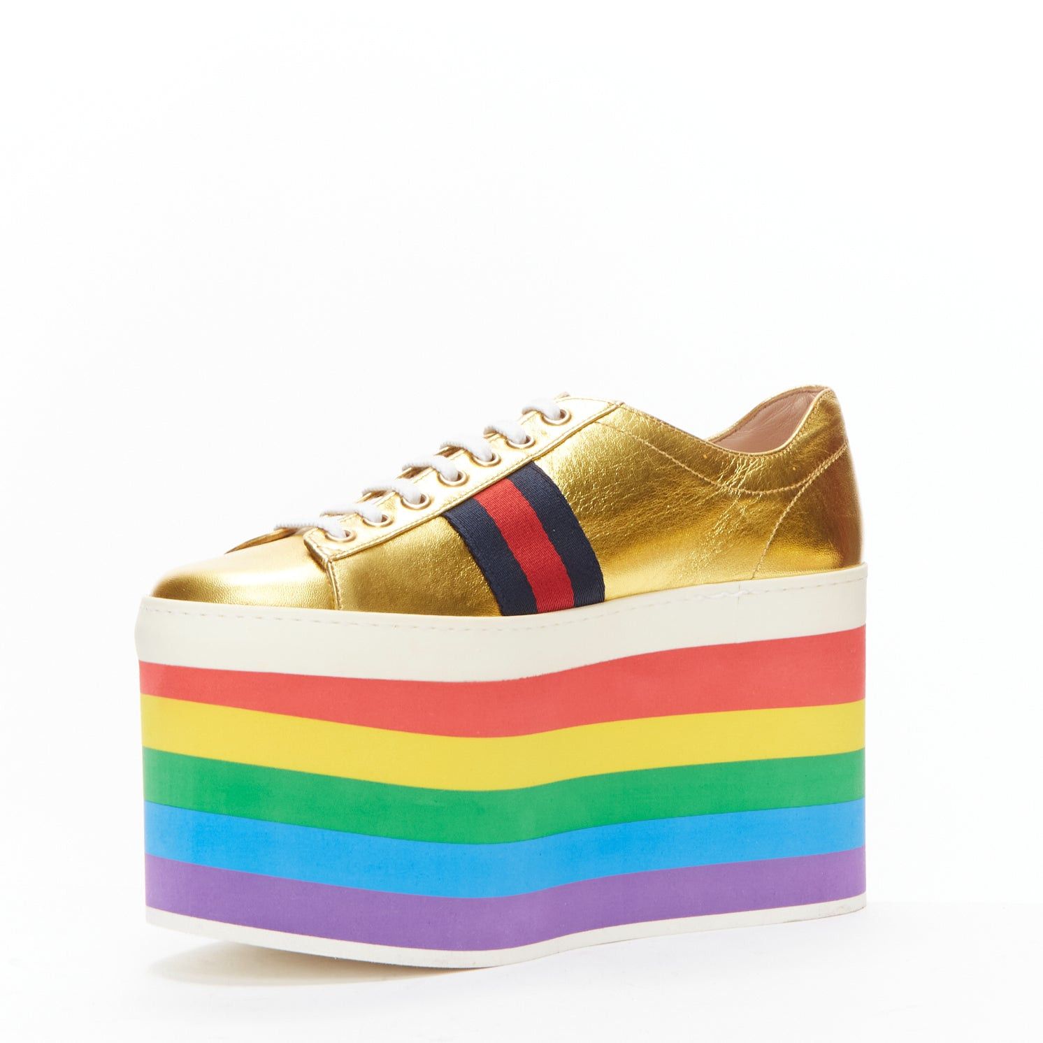 Gucci GUCCI Alessandro Michele Peggy rainbow gold web platform sneakers EU37.5 Size US 7.5 / IT 37.5 - 4 Thumbnail